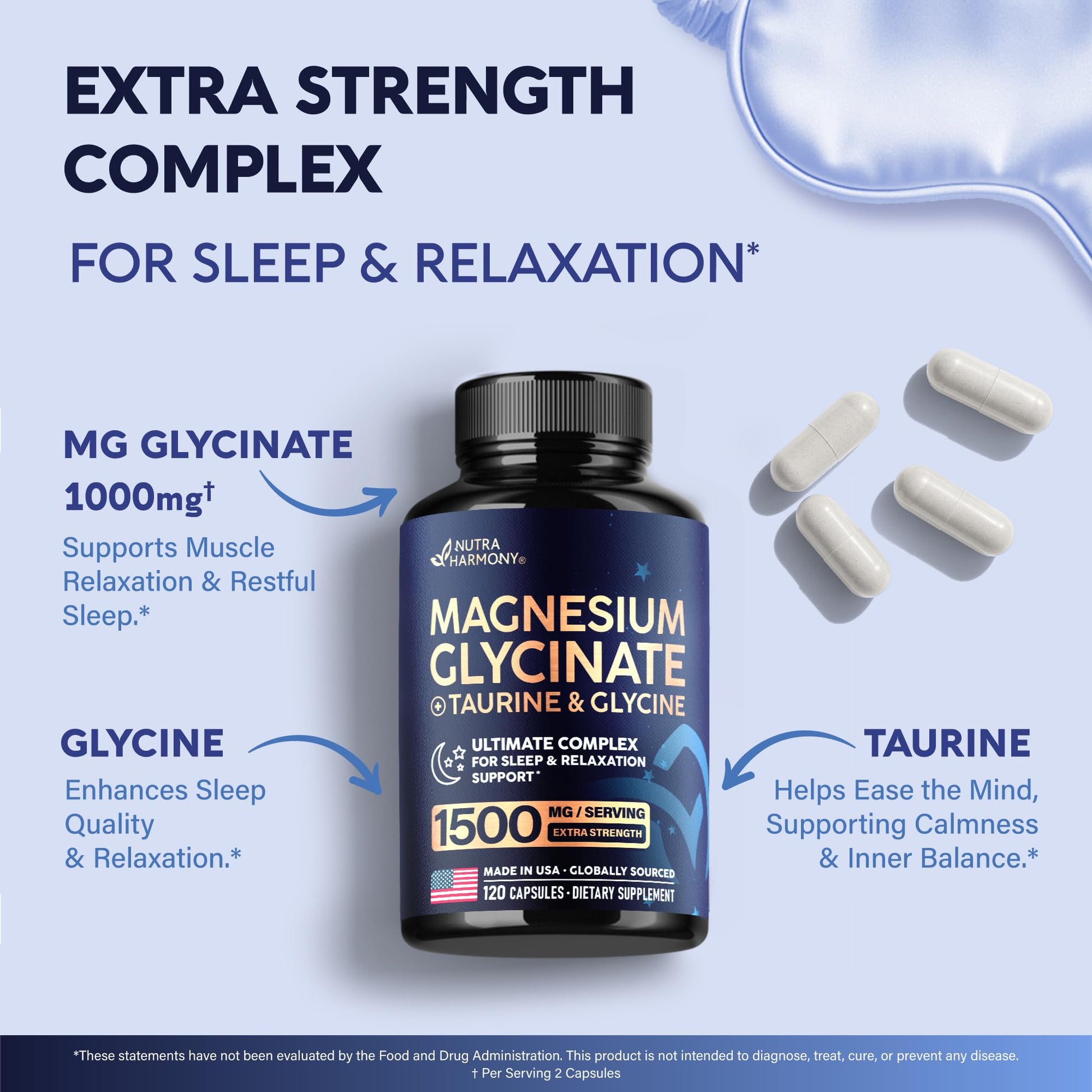 Magnesium Glycinate - Sleep & Relaxation Support - Extra Strength Glycinate, Glycine & Taurine 1500 mg - Magnesium Supplement for Women & Men - Chelated & High Absorption - Made in USA - 120 Capsules NUTRAHARMONY uk supplements