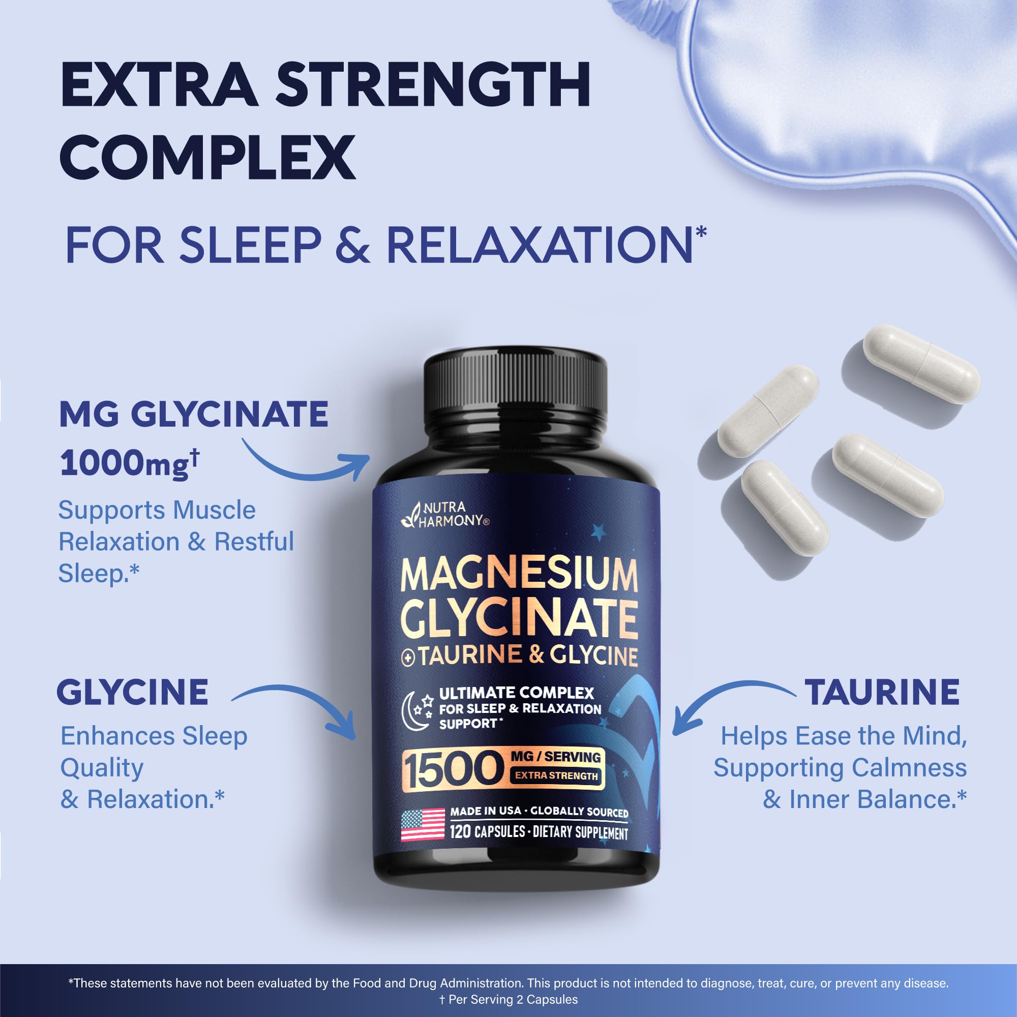 Magnesium Glycinate - Sleep & Relaxation Support - Extra Strength Glycinate, Glycine & Taurine 1500 mg - Magnesium Supplement for Women & Men - Chelated & High Absorption - Made in USA - 120 Capsules NUTRAHARMONY uk supplements
