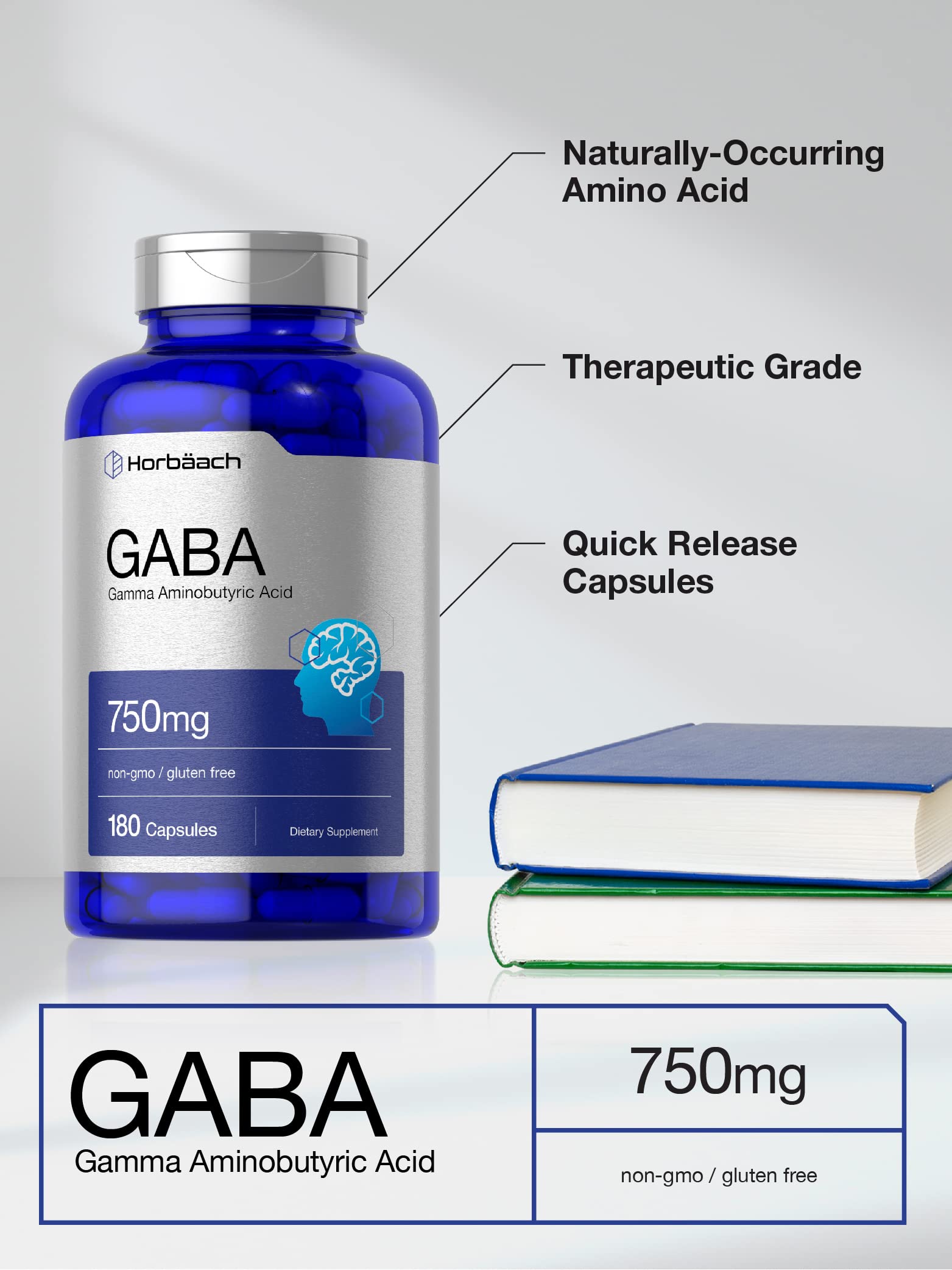 GABA 750mg | 180 Capsules | Gamma Aminobutyric Acid Supplement Horbäach uk supplements