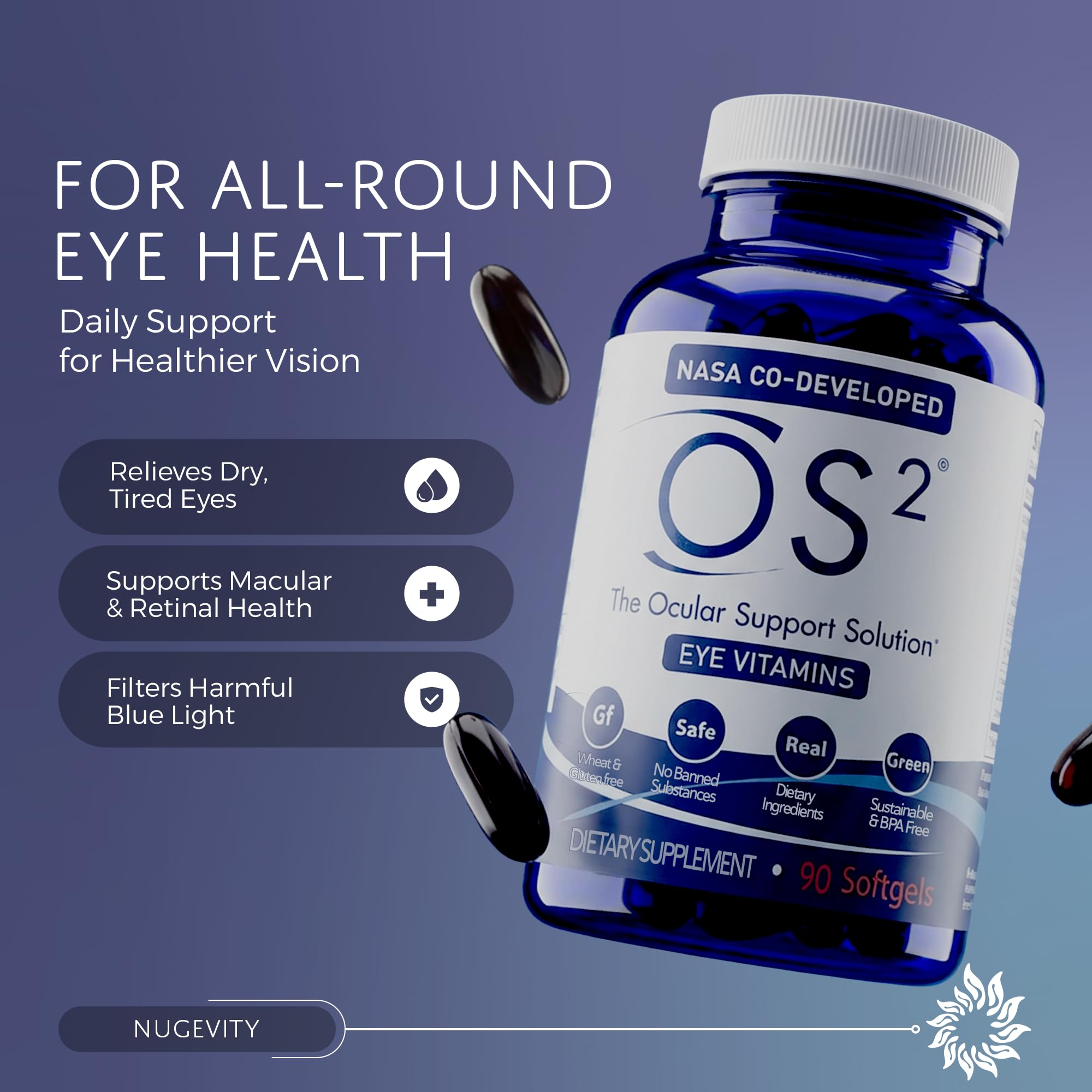 Nugevity OS2 Ocular Support Solution - Patented Eye Vitamins for Macular Health, Dry Eye and Blue Light - Lutein, Zeaxanthin, Omega 3, Astaxanthin and AREDS2 Supplements, Co-Developed by NASA, 90 ct Nugevity uk supplements
