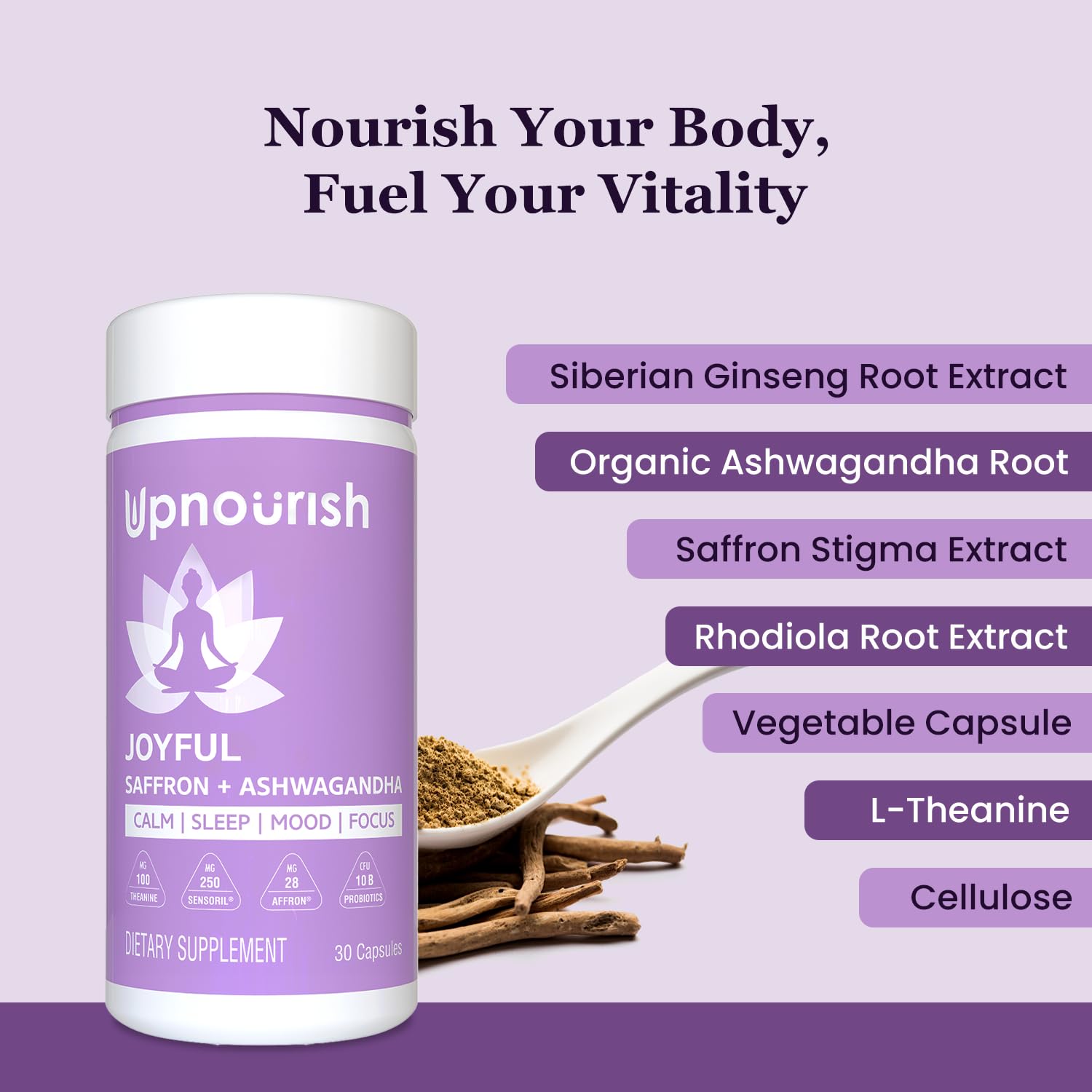 UpNourish Organic Ashwagandha Saffron Supplements with Probiotics - Stress Relief, Mood Enhancer, Calm Happy Pills Support Fatigue Focus Clarity with L-Theanine, Rhodiola, 30 Vegan Capsules UpNourish uk supplements