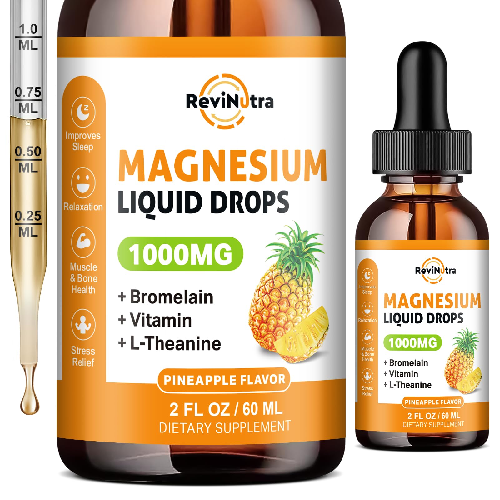 Magnesium Glycinate Liquid Drops, 1000mg of Liquid Magnesium Complex Supplement for Sleep, Nerve, Energy, Muscle, Bone, Calm & Digestion, High Absorption, 2 Fl Oz, Sugar-Free Pineapple Flavor ReviNutra uk supplements