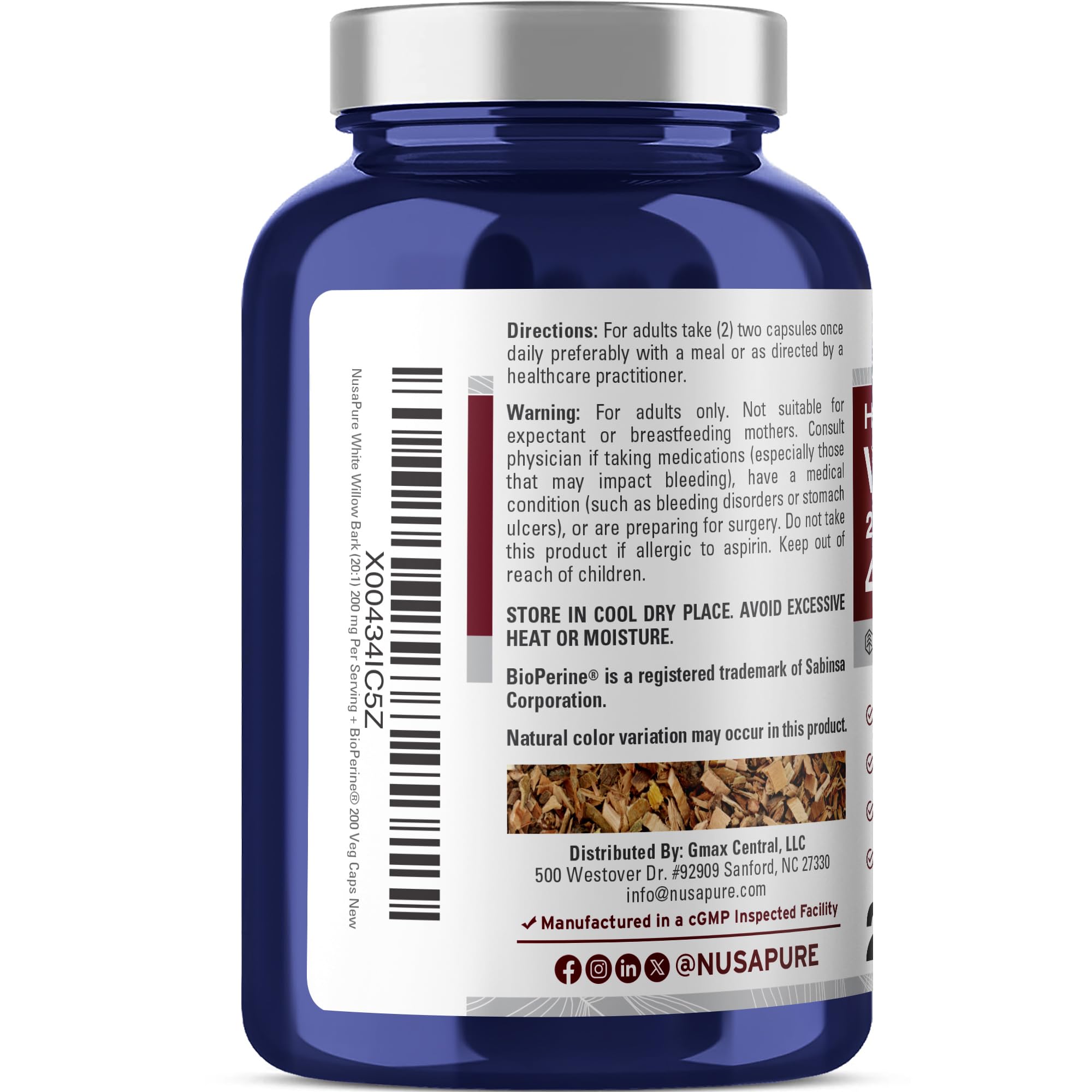 NusaPure White Willow Bark 20:1 Extract, 200 mg Equivalent to 4000mg, 200 Veggie Capsules, Max Strength, (Non-GMO, Vegan) NusaPure uk supplements
