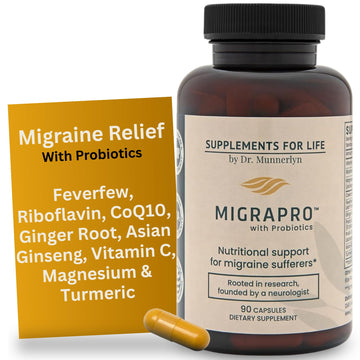 Dr. Munnerlyn MigraPro with Probiotics, Brain and Gut Health Support Supplement with Magnesium, Riboflavin, CoQ10, Ginger Root, Asian Ginseng, Vitamin C, Feverfew & Turmeric, Gluten Free, 90 Capsules Dr. Munnerlyn uk supplements