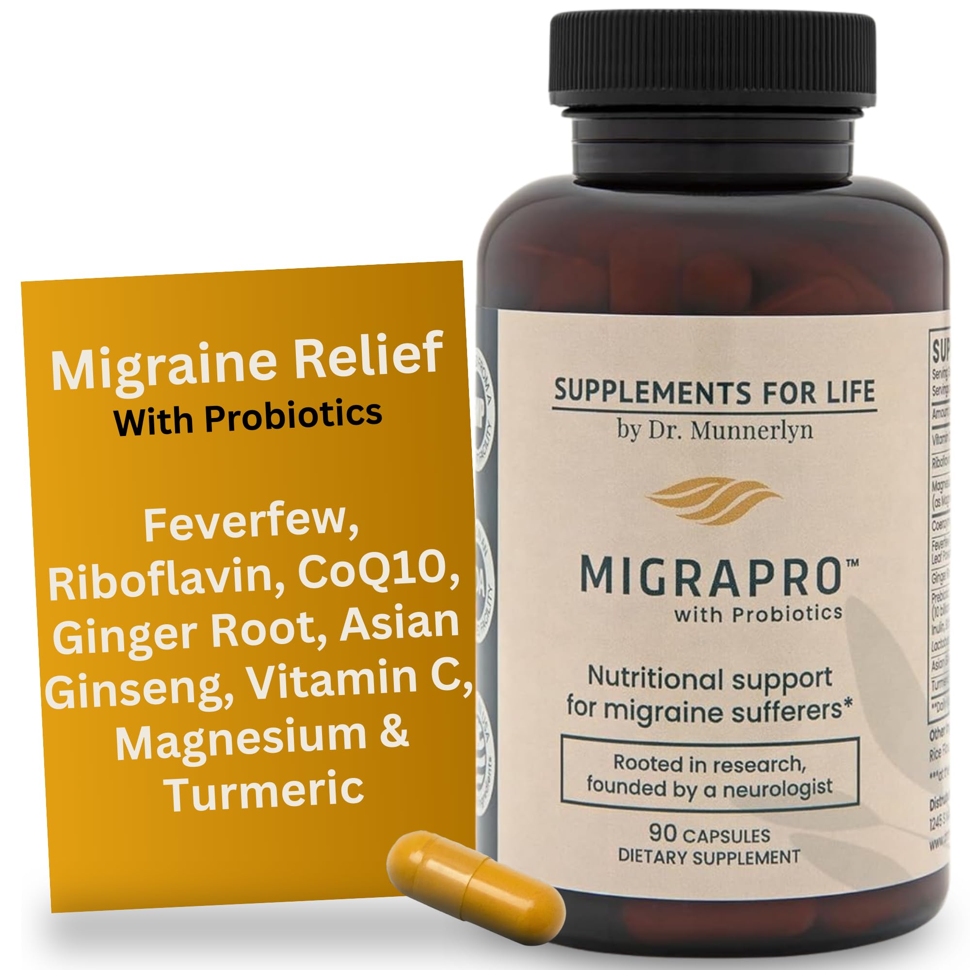 Dr. Munnerlyn MigraPro with Probiotics, Brain and Gut Health Support Supplement with Magnesium, Riboflavin, CoQ10, Ginger Root, Asian Ginseng, Vitamin C, Feverfew & Turmeric, Gluten Free, 90 Capsules Dr. Munnerlyn uk supplements