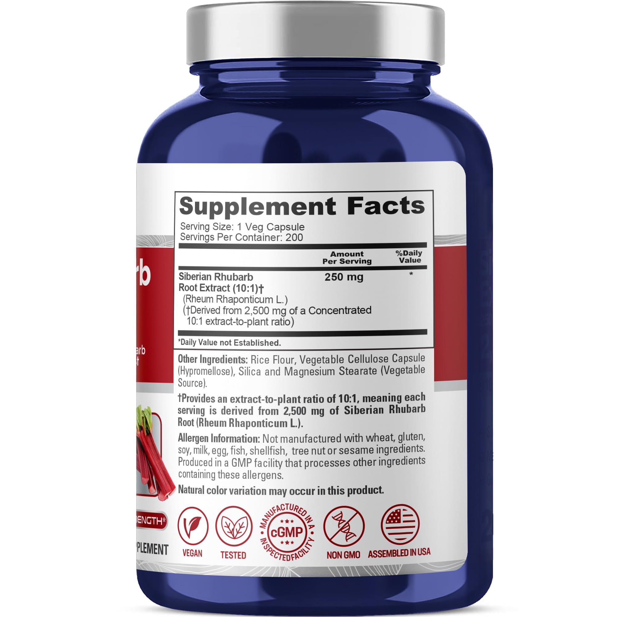 NusaPure Siberian Rhubarb 10:1 Extract, 250 mg Equivalent to 2,500mg - 200 Veggie Capsules (Vegetarian, Non-GMO, Vegan) NusaPure uk supplements