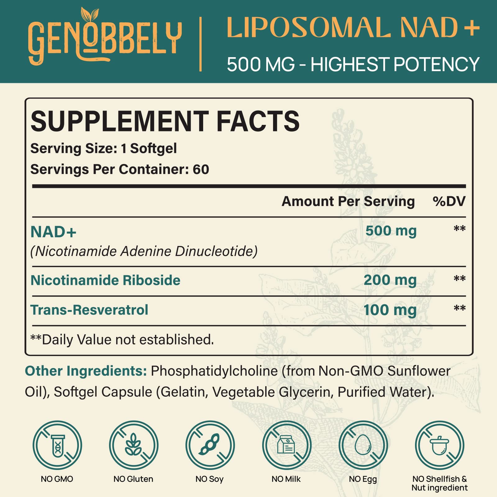 GENOBBELY 800 mg Liposomal NAD+ Supplement with Nicotinamide Riboside 200 mg, Trans-Resveratrol 100 mg - True NAD Supplement for DNA Repair, Healthy Aging, Brain Function - 60-Day Supply GENOBBELY uk supplements