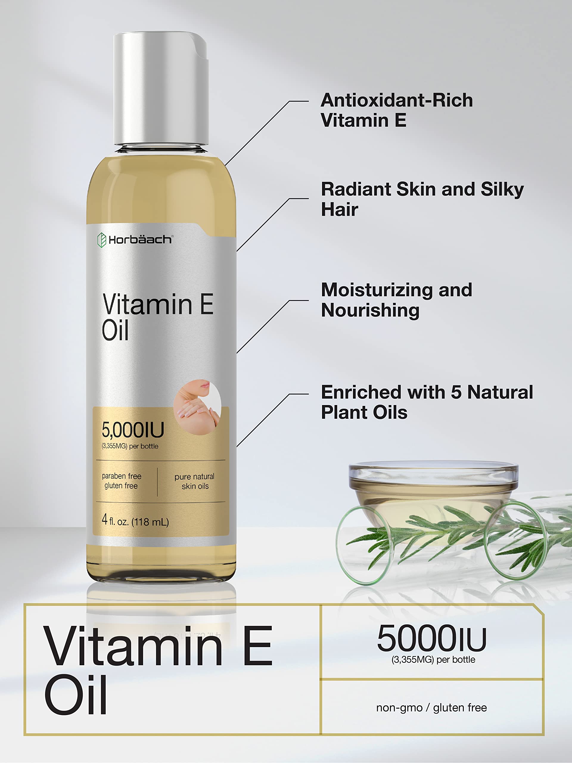 Vitamin E Oil | 5000 IU | 8 oz (2 x 4oz) Value Pack | for Skin, Hair, Face & Body | Vegetarian Horbäach uk supplements
