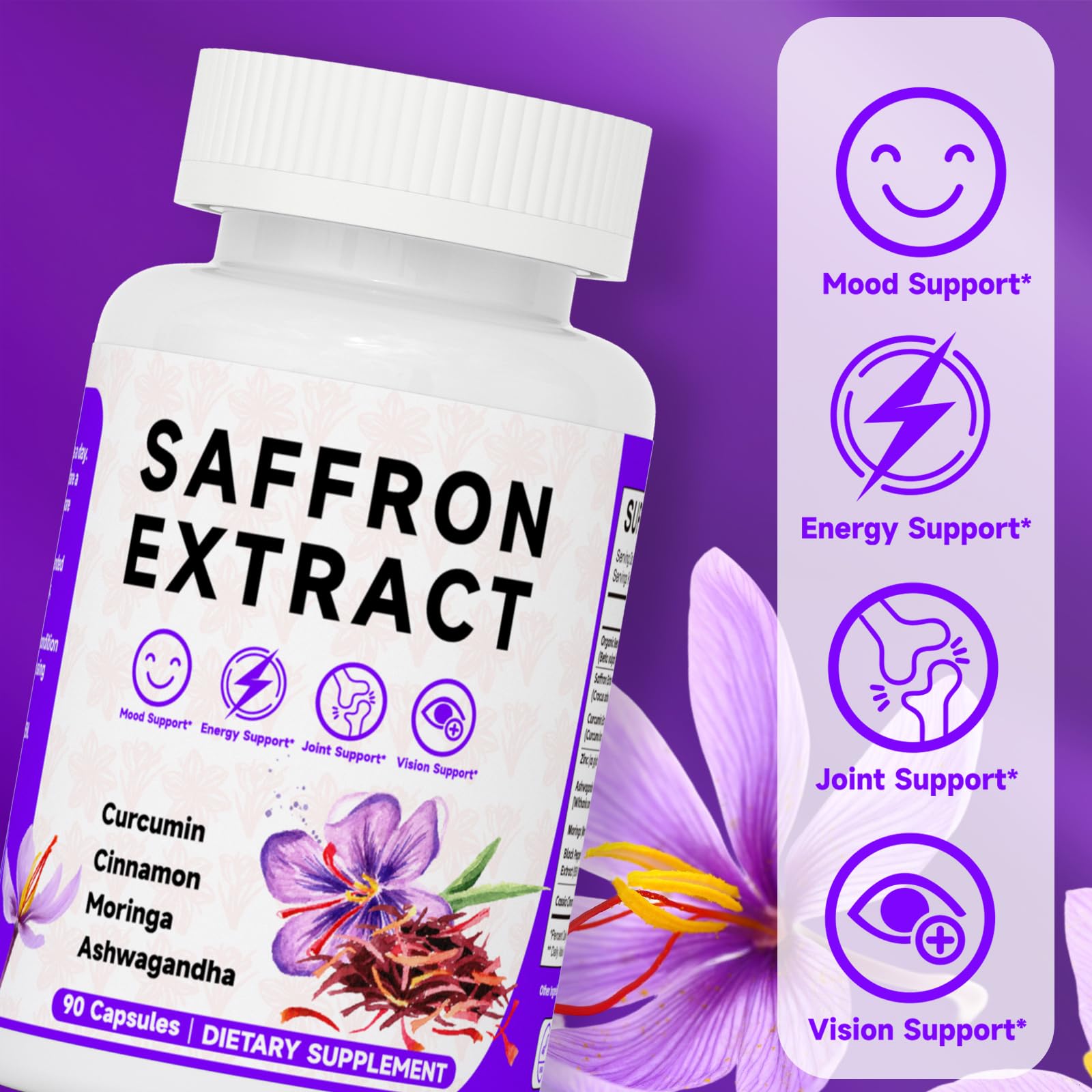 Happy Saffron Supplements, 100mg Saffron Extract, Saffron Blend with Turmeric & Ashwagandha, Supports Mood, Focus, and Energy Boost, 90 Capsules Mosslly uk supplements