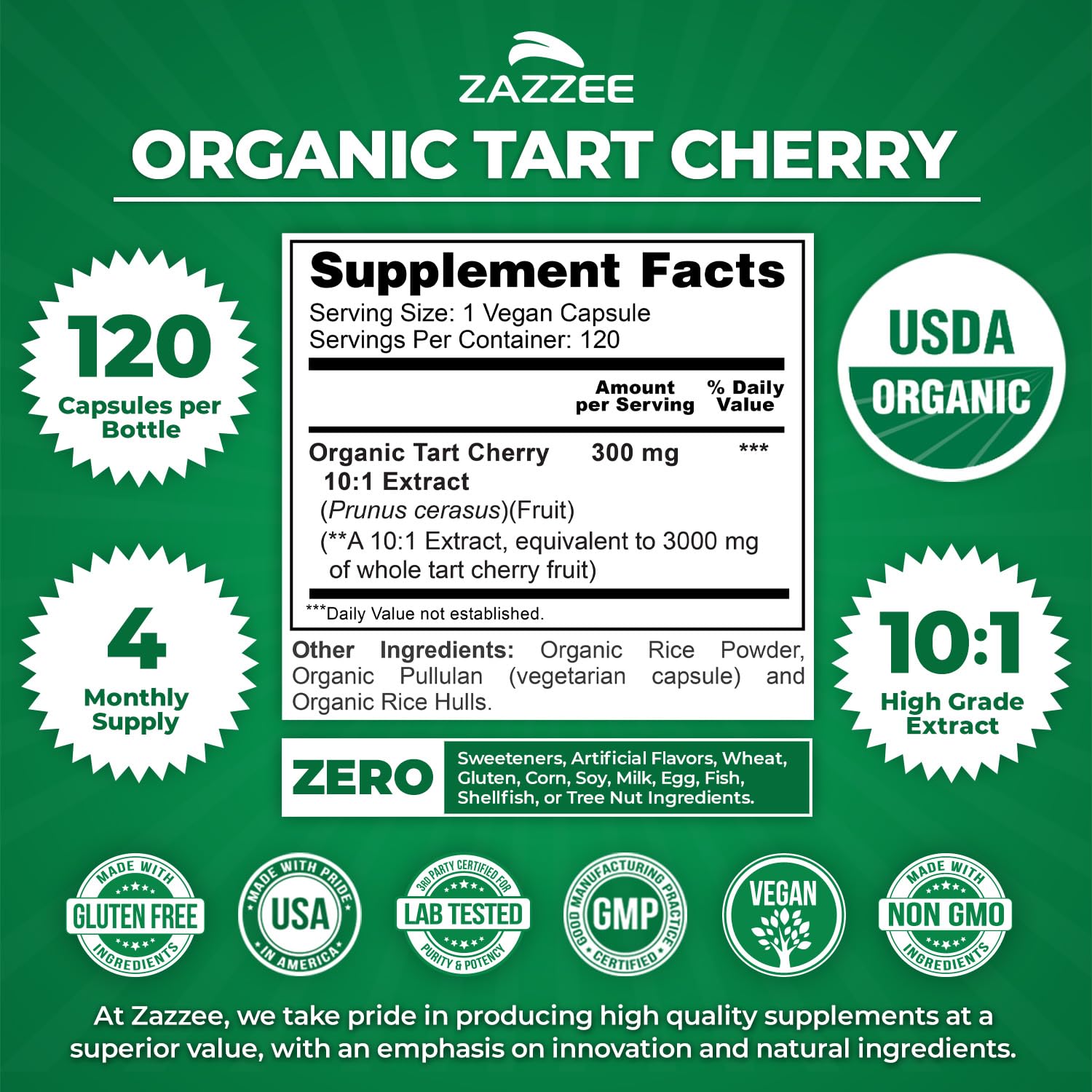 Zazzee USDA Organic Tart Cherry 10:1 Extract, 120 Vegan Capsules, 4 Month Supply, Montmorency Cherry, Daily Wellness Antioxidant Support, Organic Herbal Supplement, All-Natural, Non-GMO, Made in USA Zazzee uk supplements