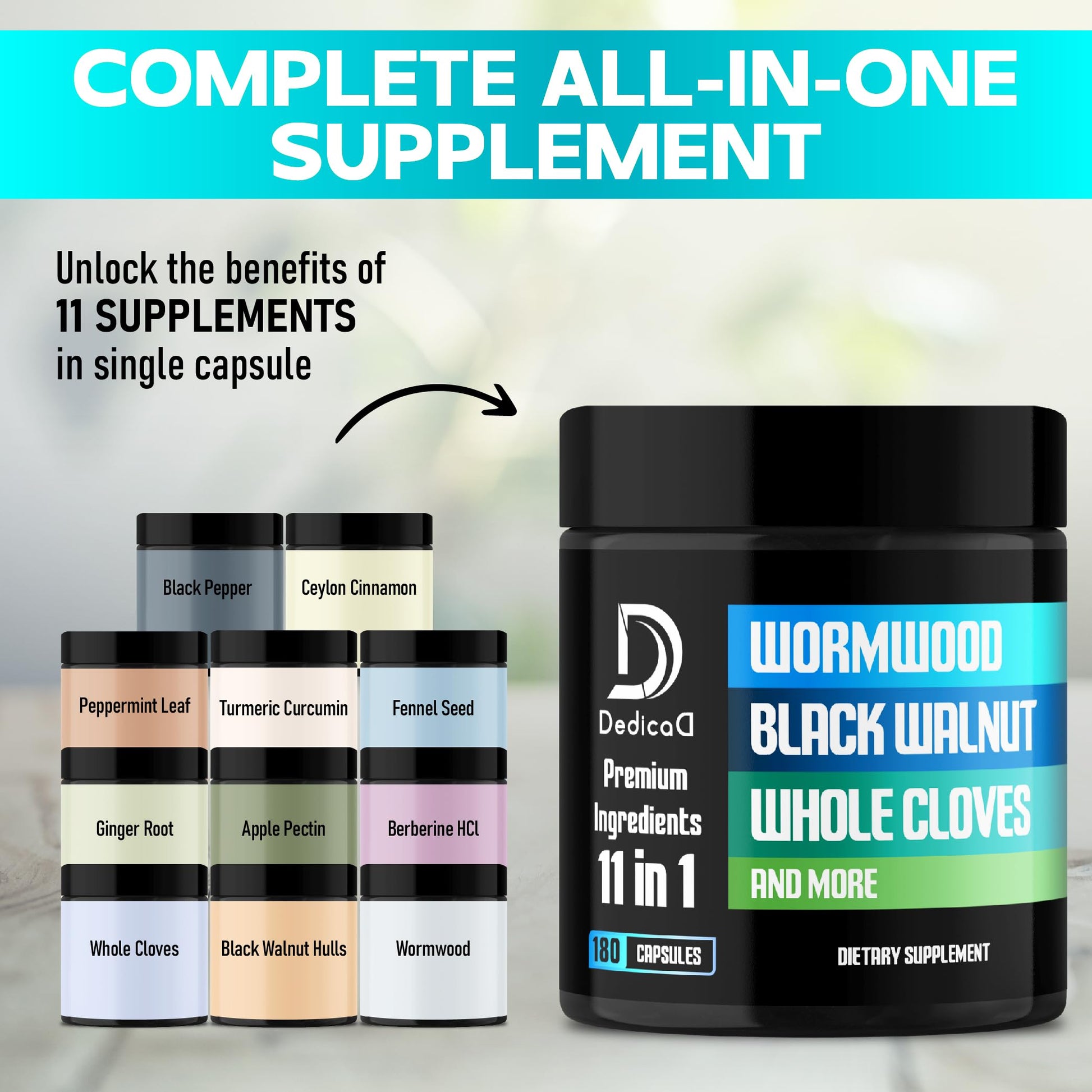 DEDICAD 11in1 Wormwood Capsules - 180 Capsules Extracted from Black Walnut, Cloves, Ginger, Turmeric, Apple, Berberine HCl & More - Support Immune System for 3 Months DEDICAD uk supplements