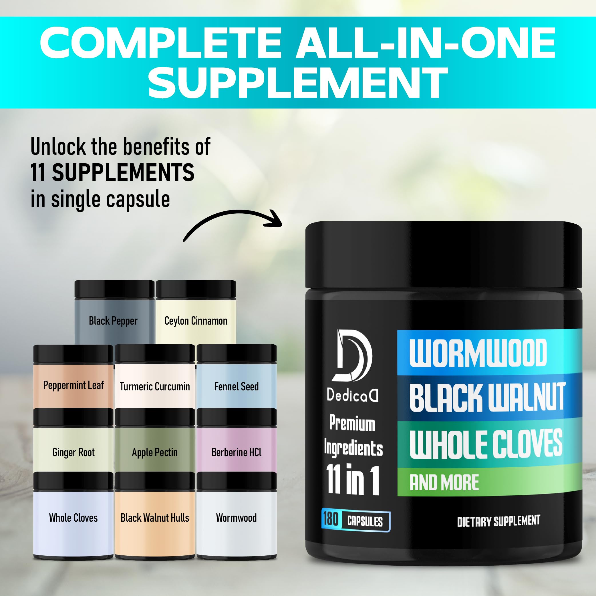 DEDICAD 11in1 Wormwood Capsules - 180 Capsules Extracted from Black Walnut, Cloves, Ginger, Turmeric, Apple, Berberine HCl & More - Support Immune System for 3 Months DEDICAD uk supplements