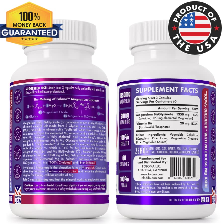 Folona Magnesium Glycinate with Vitamin B6 Research Proven to Enhance Absorption, 1350mg Fully Chelated - Supports Sleep, Stress Relief, Energy, Muscle Cramps - Gluten Free, NonGMO, 180 Vegan Capsules FOLONA uk supplements