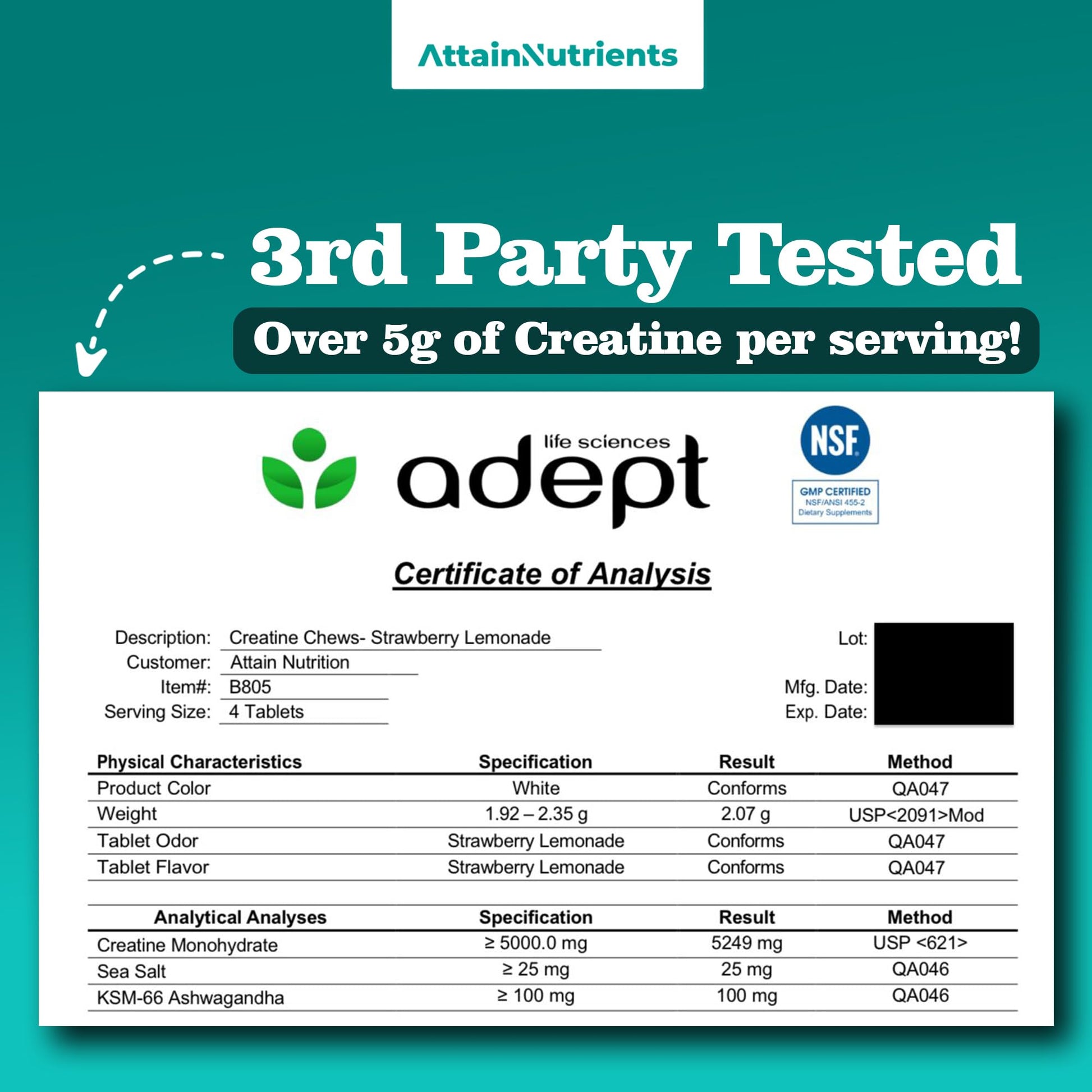 Creatine Chews - 5000mg Creatine Monohydrate Tablets for Men & Women with Ashwagandha KSM-66 - Low Sugar Muscle Support & Cognitive Boost - Gummy Alternative - 120 Count (Strawberry Lemonade) Attain Nutrients uk supplements