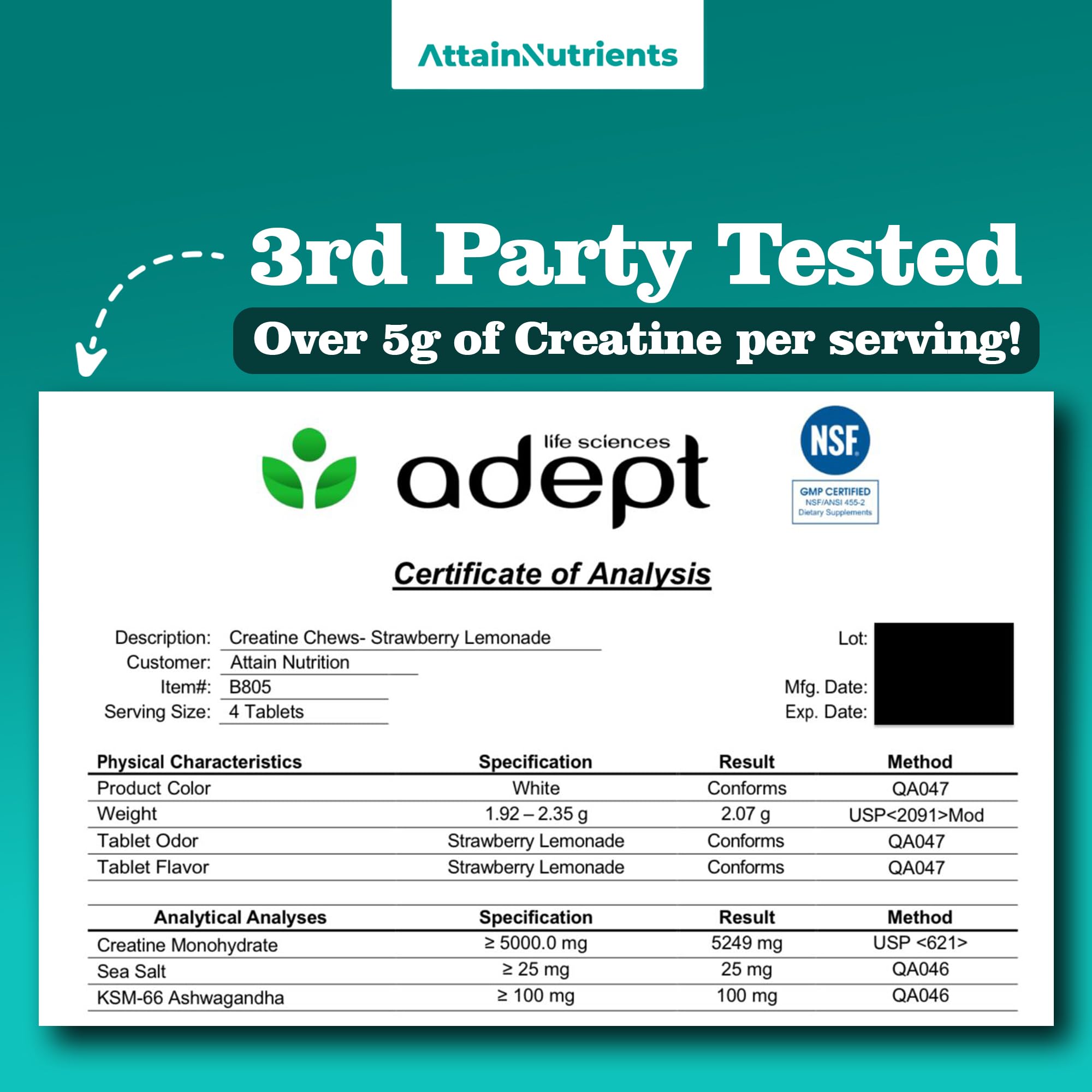 Creatine Chews - 5000mg Creatine Monohydrate Tablets for Men & Women with Ashwagandha KSM-66 - Low Sugar Muscle Support & Cognitive Boost - Gummy Alternative - 120 Count (Strawberry Lemonade) Attain Nutrients uk supplements
