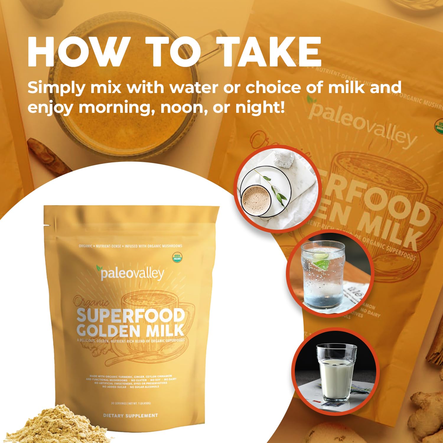 Paleovalley Organic Superfood Golden Milk - Immune, Focus, Cognitive, Longevity - Turmeric, MCT-Rich Coconut Milk, Functional Mushrooms, 30 Servings Paleovalley uk supplements