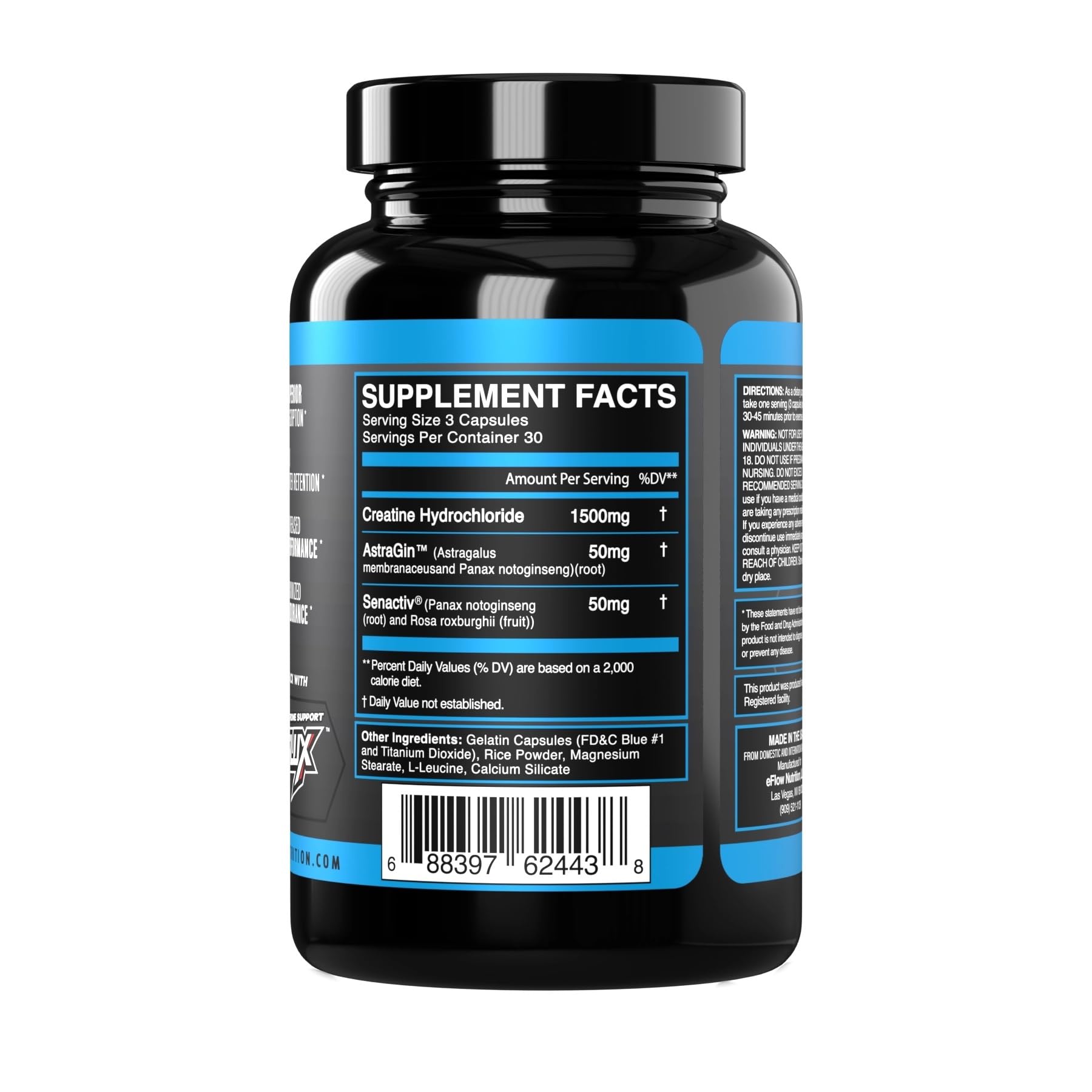 eFlow Creatine Capsules, HCL Creatine Pills - Creatine Supplement for Men & Women, Muscle Builder, Endurance, Strength, with AstraGin and Senactiv (1500mg, 90 Capsules) eFlow Nutrition uk supplements