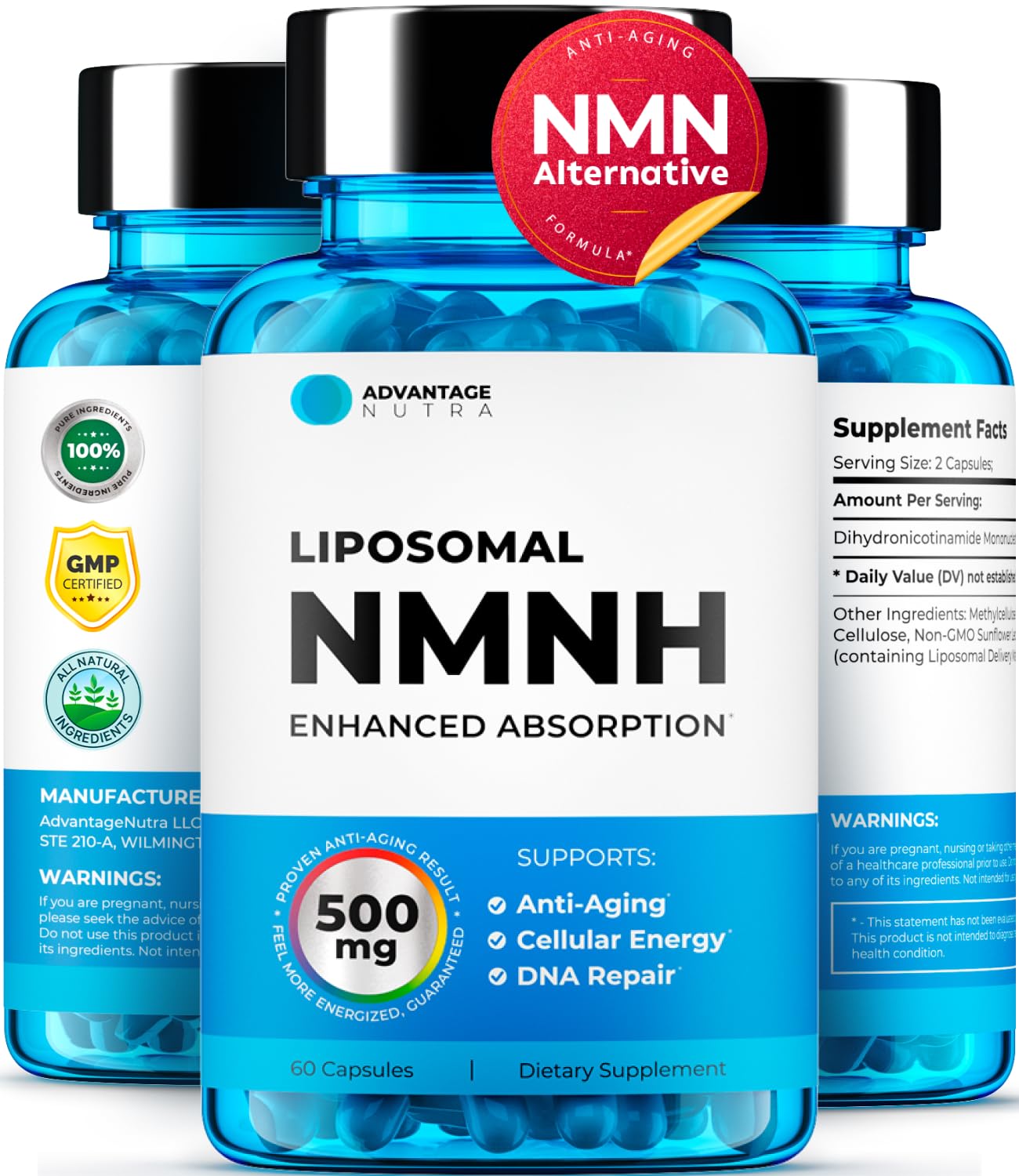 Liposomal NMNH 500 MG - NMN Supplement Alternative - NAD Supplements for Women & Men | Healthy Anti Aging - Cell Support for Energy, Focus & Skin - Advanced NAD+ Resveratrol 3-Party Tested | 1 Pack AdvantageNutra uk supplements
