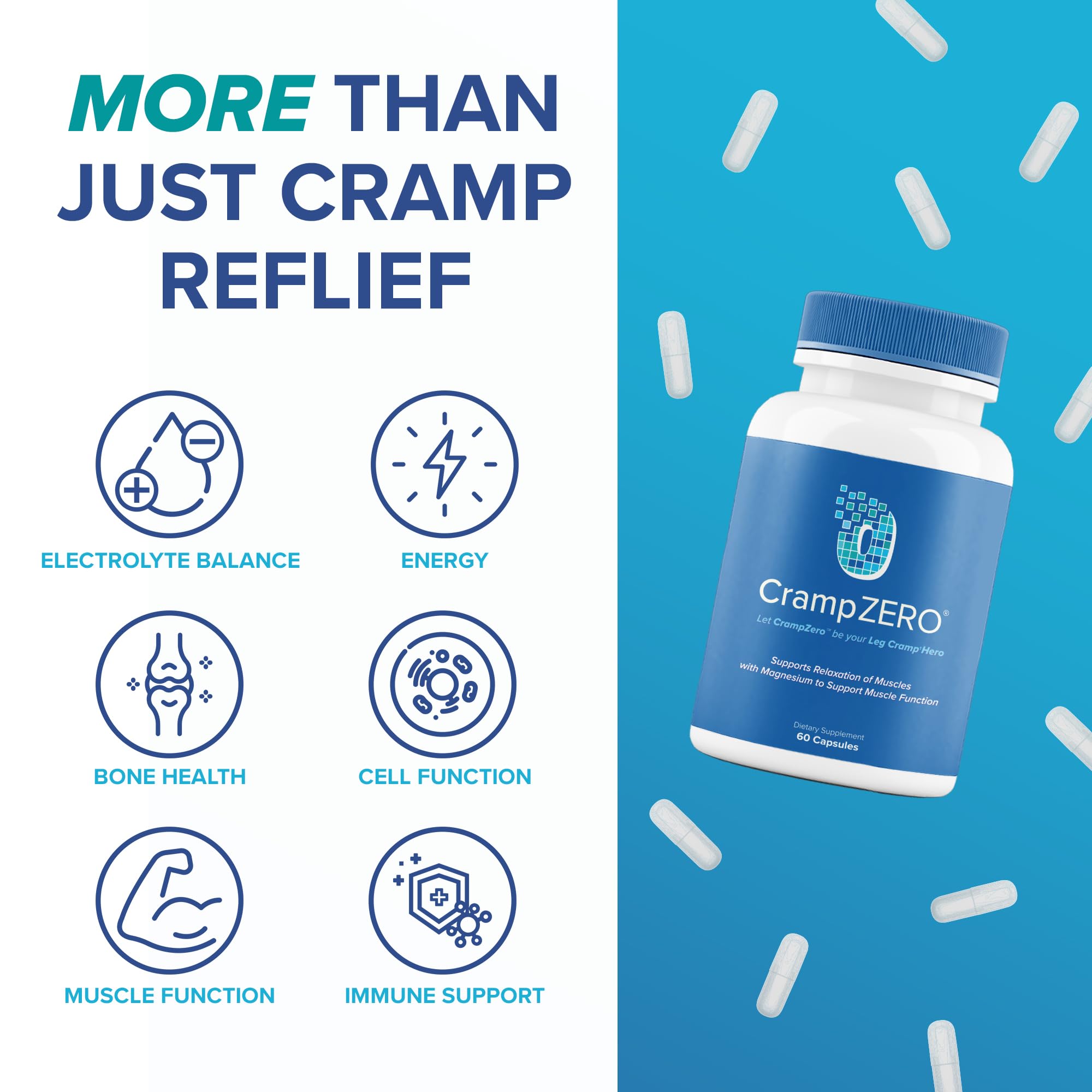 CrampZero Magnesium for Leg Cramps at Night – Potassium Magnesium Supplement with Calcium and Vitamin D3, Supports Muscle Relaxation and Function, Night Leg Cramps Relief, 60 Capsules CrampZero uk supplements