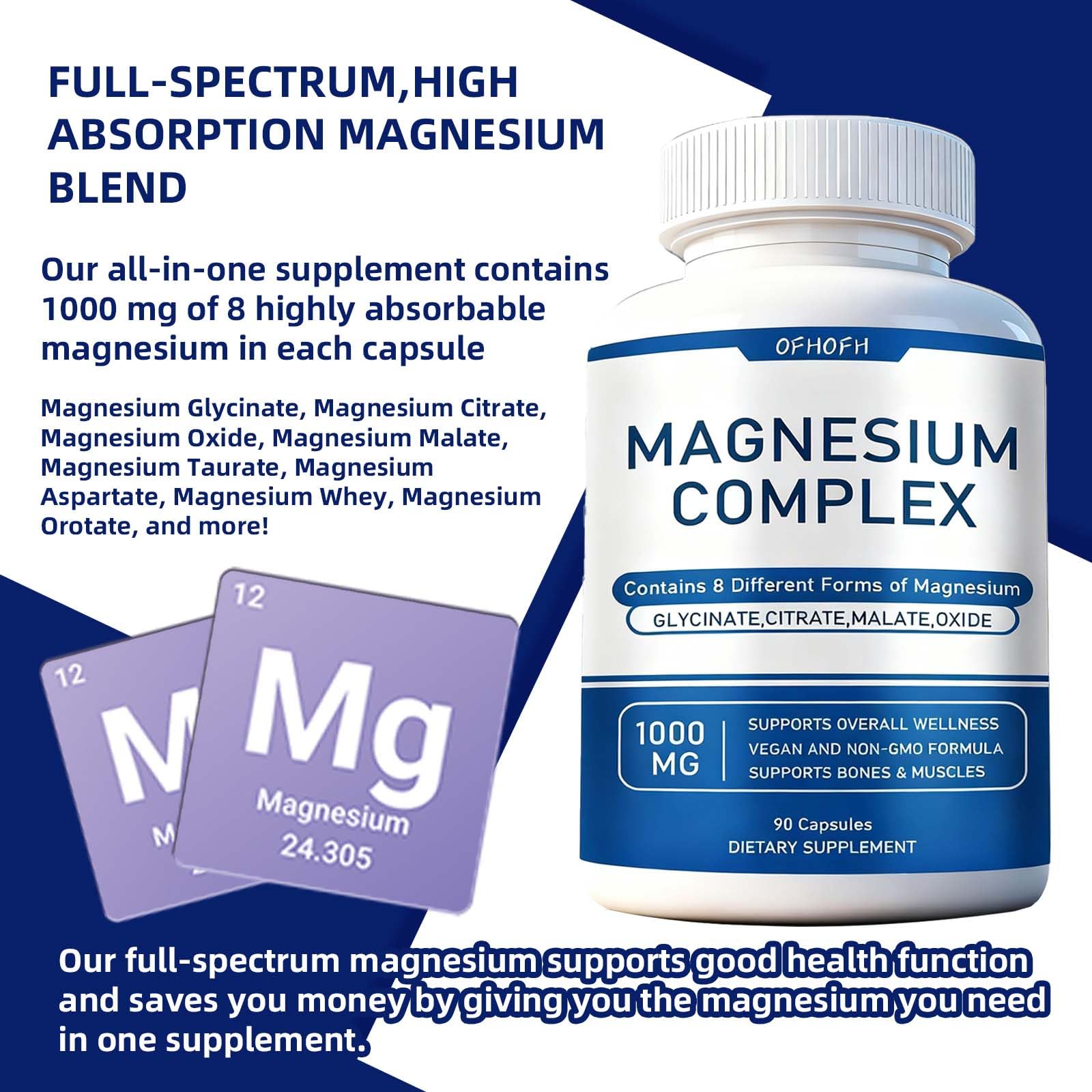 Magnesium Complex Supplement 8 Elemental - Magnesium Glycinate, Citrate, Malate, Oxide | Easy Absorption for Bones, Muscle, Energy, Vegan, Non-GMO 90 Capsules (1pc) OFHOFH uk supplements