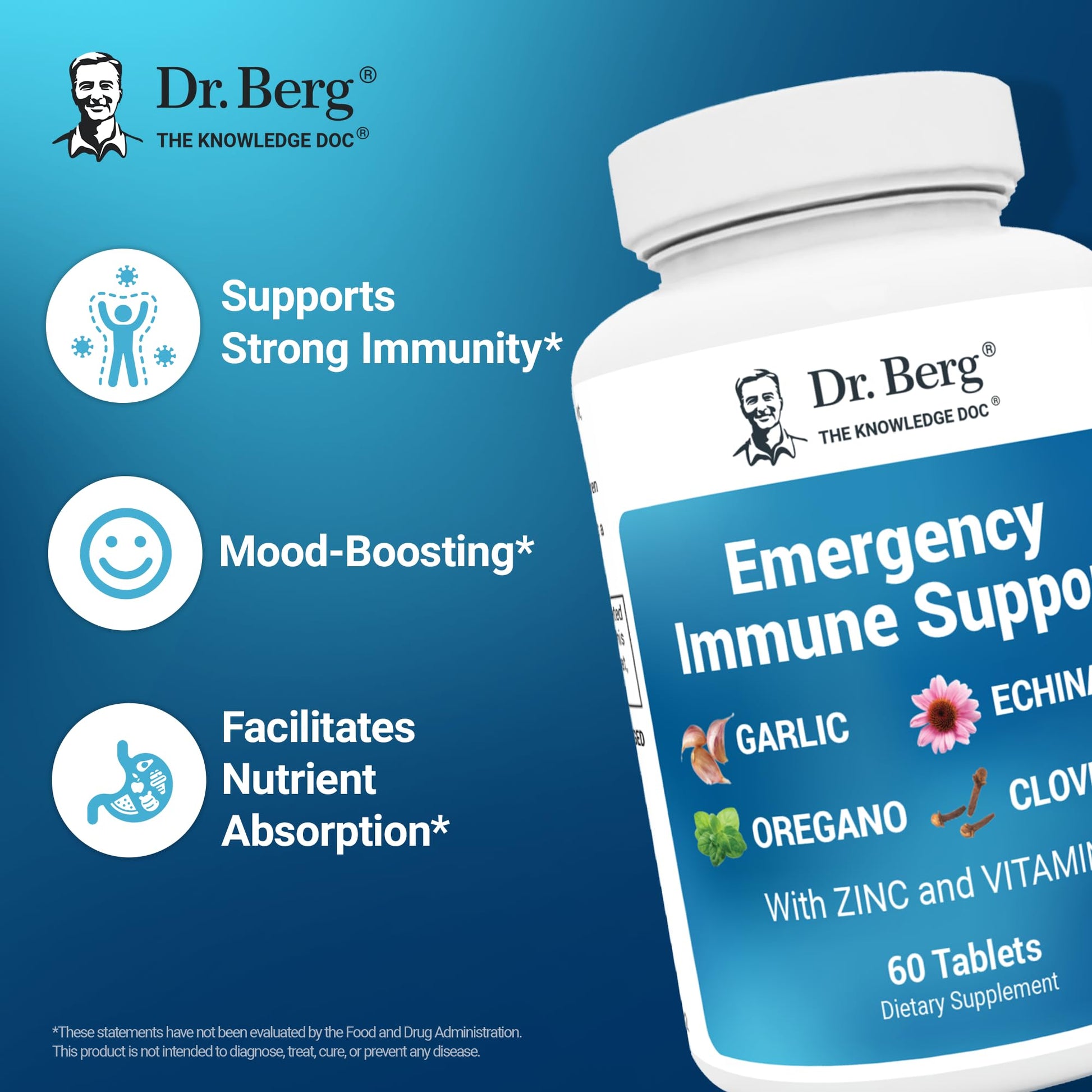 Dr. Berg Emergency Immune Support w/Echinacea - Potent Blend of Herbal Extracts (Warning: Strong Herbal Smells) - Immune Support Supplement Includes 2,000 IUs of Vitamin D & 10mg of Zinc - 60 Tablets Dr. Berg Nutritionals uk supplements