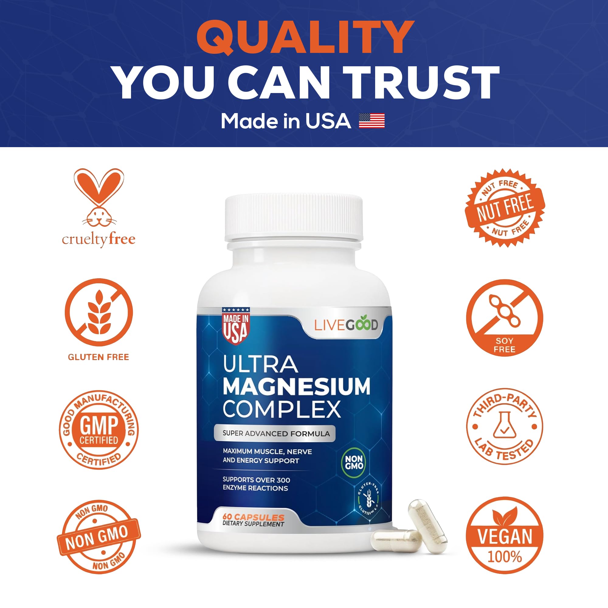 LiveGood™ Ultra Magnesium Complex, Organic Magnesium Glycinate and Gluconate for Muscle Recovery, Nerve Support & Relief – High Absorption Supplement, Vegan, Non-GMO, Made in USA, 60 Capsules LIVEGOOD uk supplements