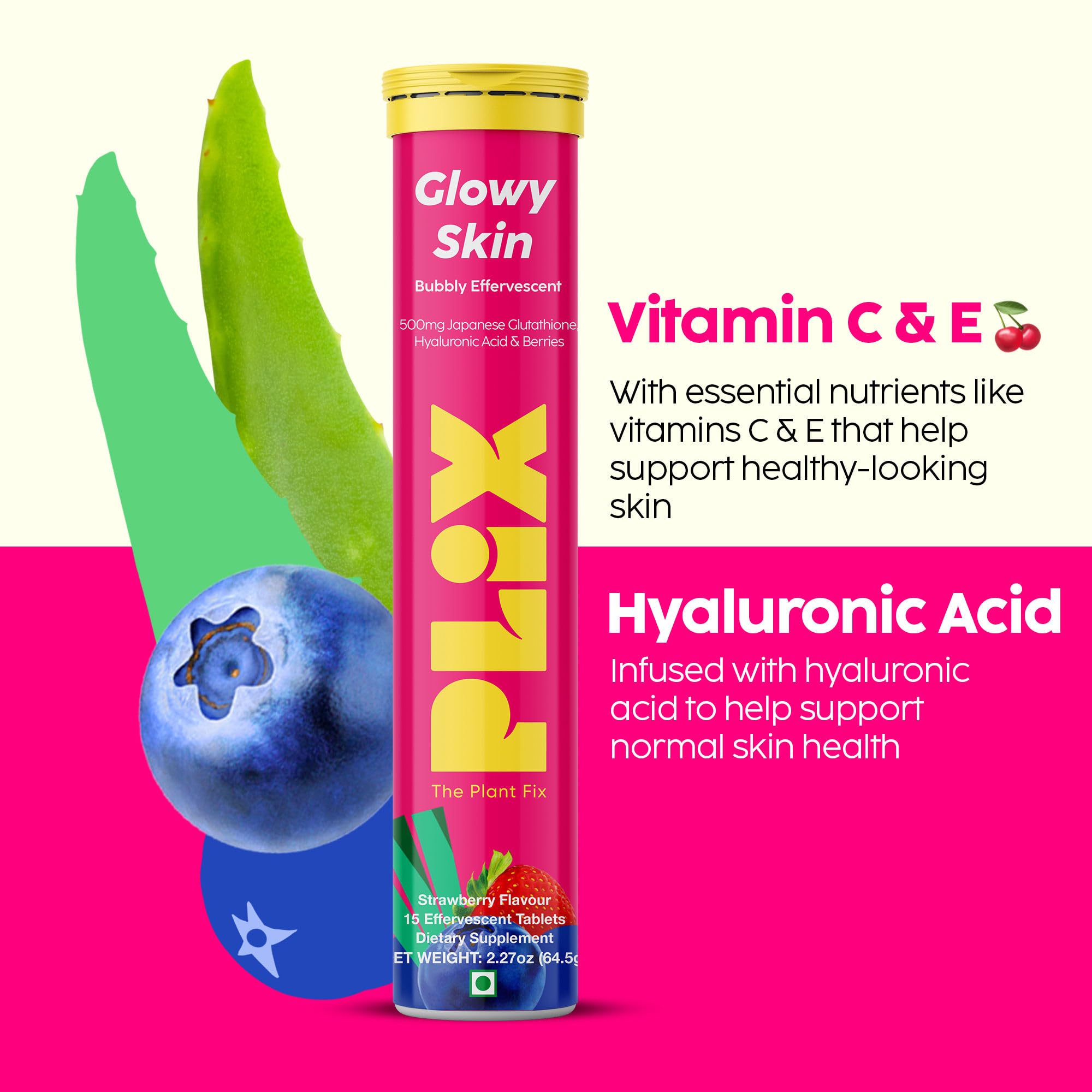 PLIX Glowy Skin 500mg Glutathione Supplement with Hyaluronic Acid, Vitamin C, E & Berries | 30 Effervescent Tablets, Strawberry Flavor PLIX - THE PLANT FIX uk supplements
