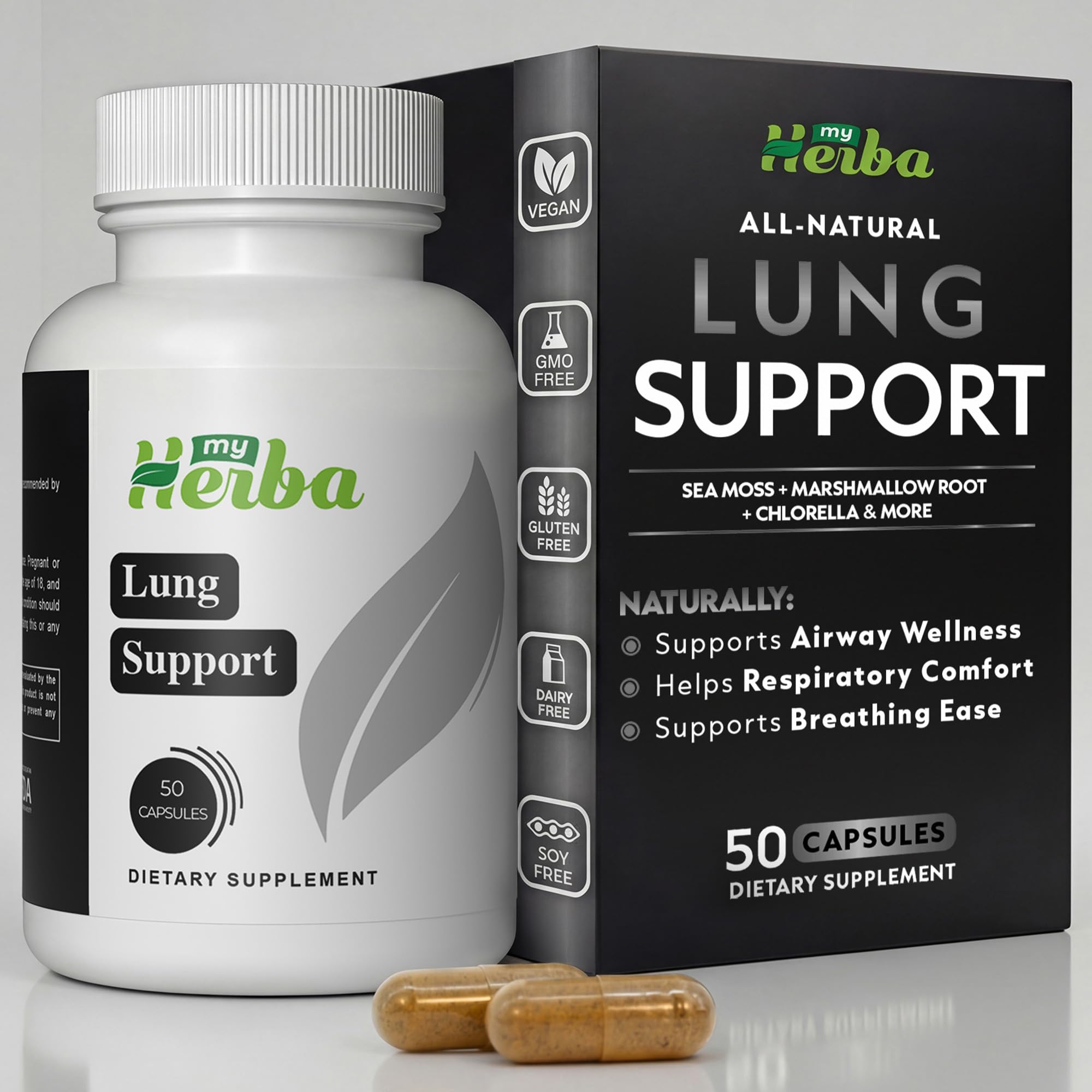 MyHerba Lung Support Supplement - Vegan Formula with Marshmallow Root, Chlorella, Ginkgo Biloba Leaf, Irish Sea Moss & PAU D’Arco - Deep Lung Cleanse, Detox and Immune Support for Adults, 50 Capsules MyHerba uk supplements