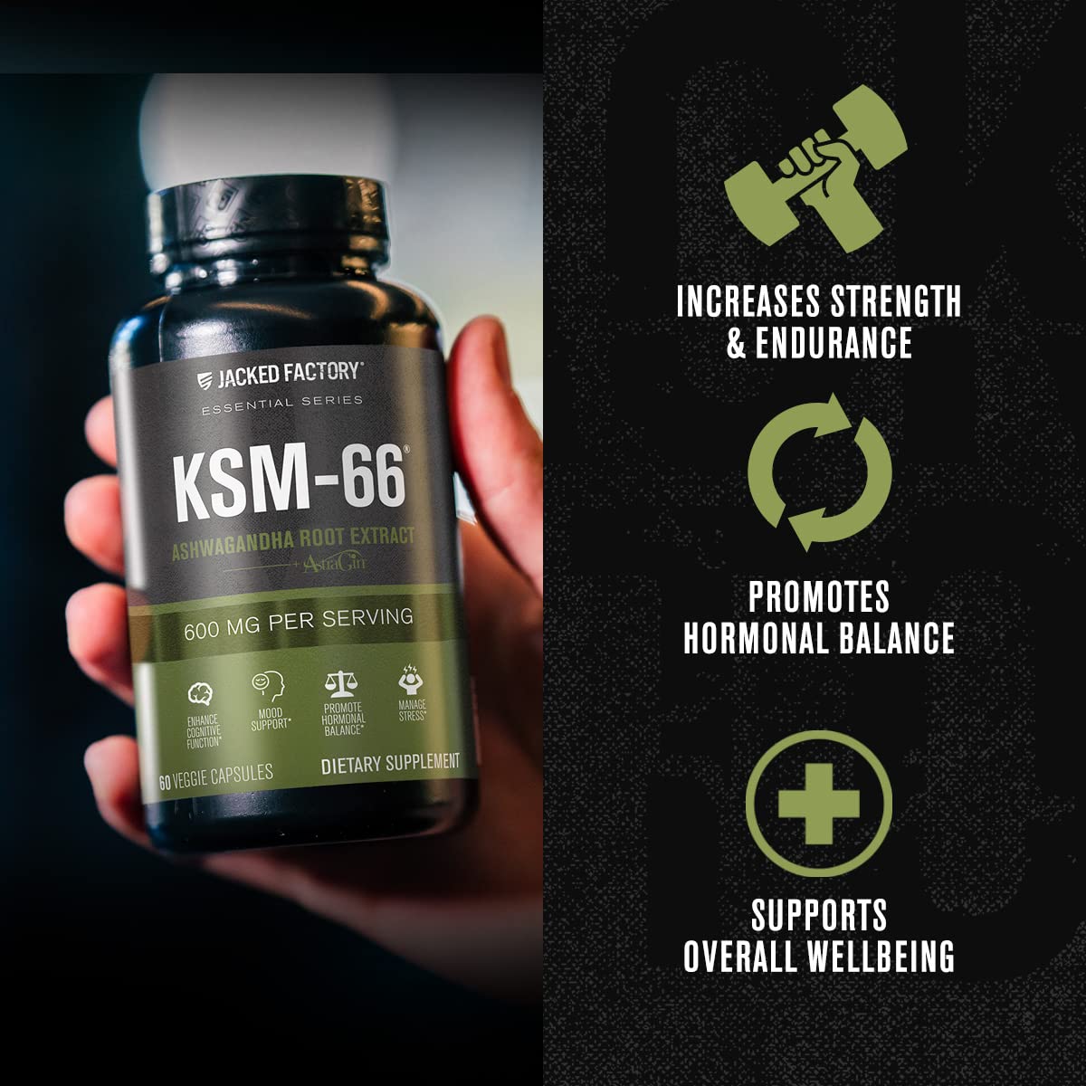 Jacked Factory Ashwagandha Root Extract (KSM-66 Ashwagandha) w/ 5% Withanolides - Supplement for Natural Stress Relief, Cognitive Function, Vitality, and Mood Support - 60 Veggie Capsules Jacked Factory uk supplements