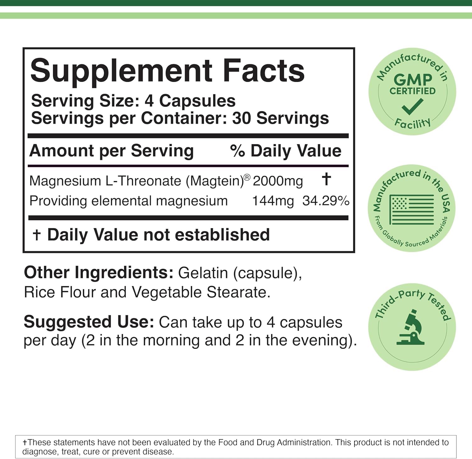 Magnesium L Threonate, Magtein - NSF Certified - Sleep and Cognitive Support – High Absorption – Most Bioavailable Form of Magnesium – 2,000 mg – 120 Capsules Double Wood Supplements uk supplements