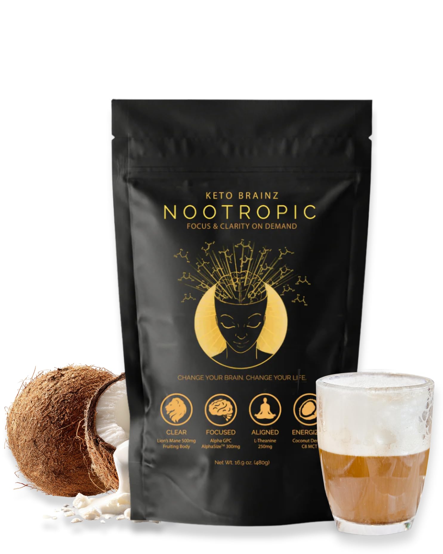Keto Brainz C8MCT Based Nootropic - with 500mg Lion's Mane Mushroom, AlphaGPC & L-Theanine This is The Ultimate Easy to use nootropic Stack & Makes Delicious Mushroom Coffee! 16oz. 30 Servings Keto Brainz uk supplements