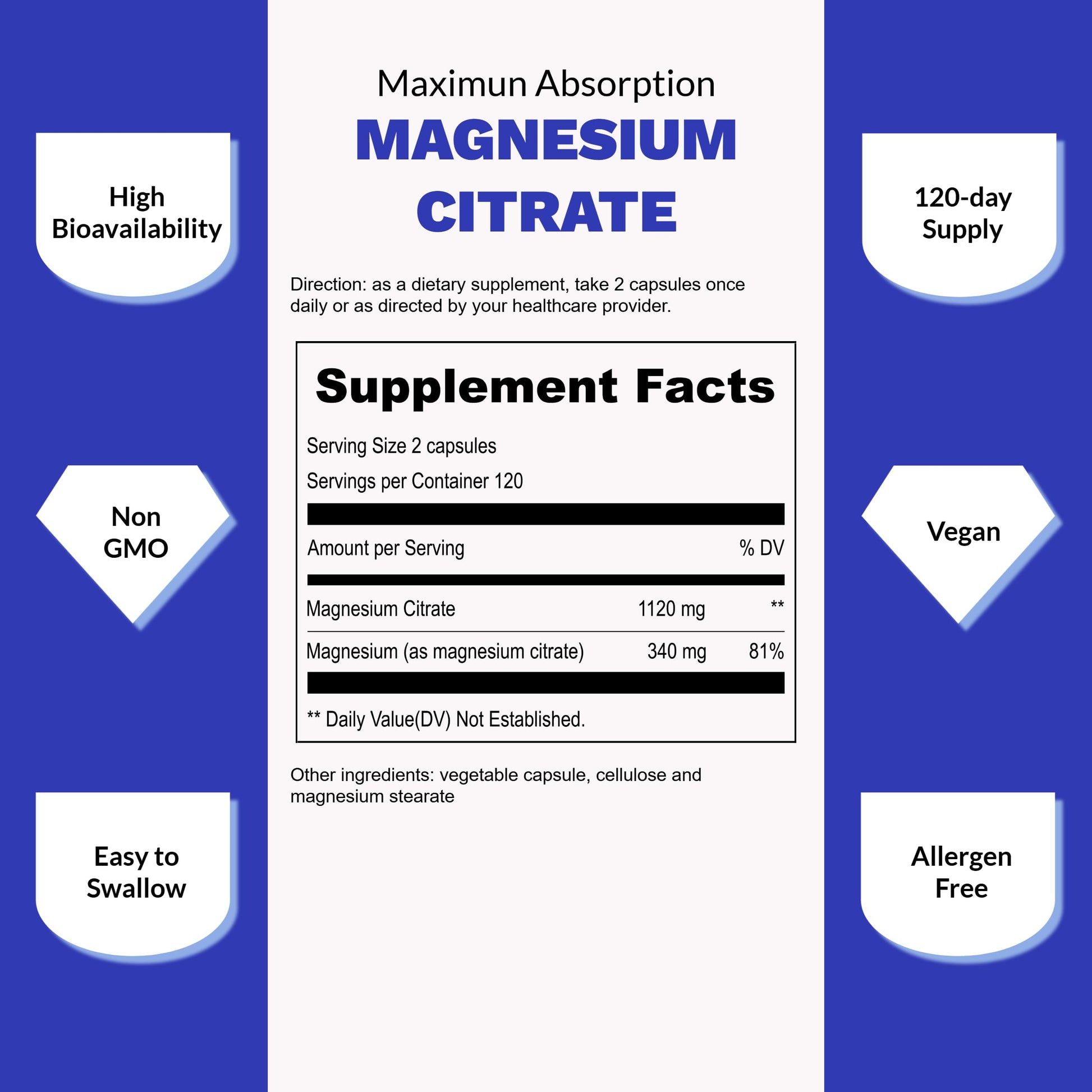 UpNourish Pure Magnesium Citrate (Citrato de Magnesio) 1120mg, 240 Capsules - High Absorption Magnesium Supplement for Women & Men - Natural Calm Magnesium for Constipation, Relax, Cramp Defense UpNourish uk supplements