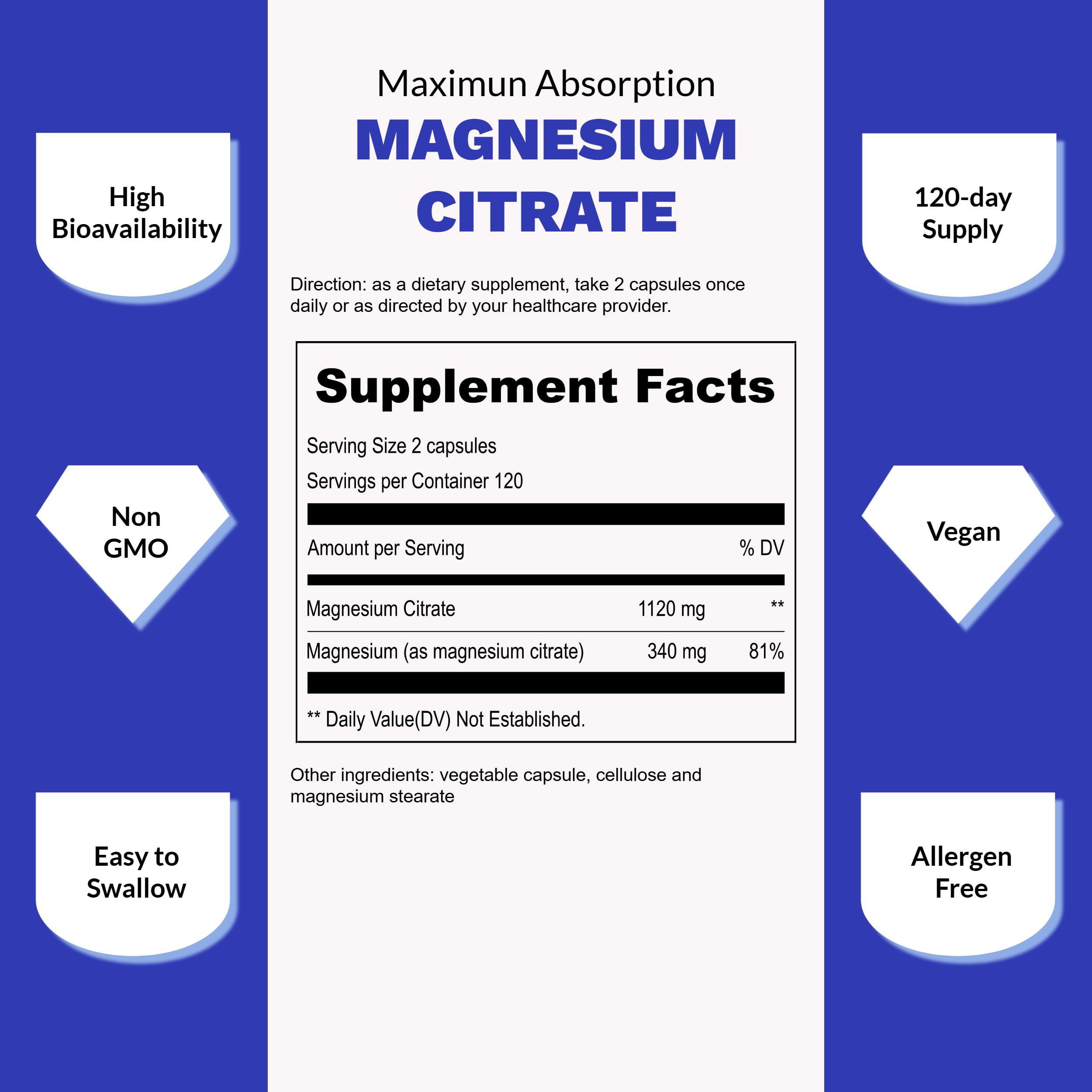 UpNourish Pure Magnesium Citrate (Citrato de Magnesio) 1120mg, 240 Capsules - High Absorption Magnesium Supplement for Women & Men - Natural Calm Magnesium for Constipation, Relax, Cramp Defense UpNourish uk supplements