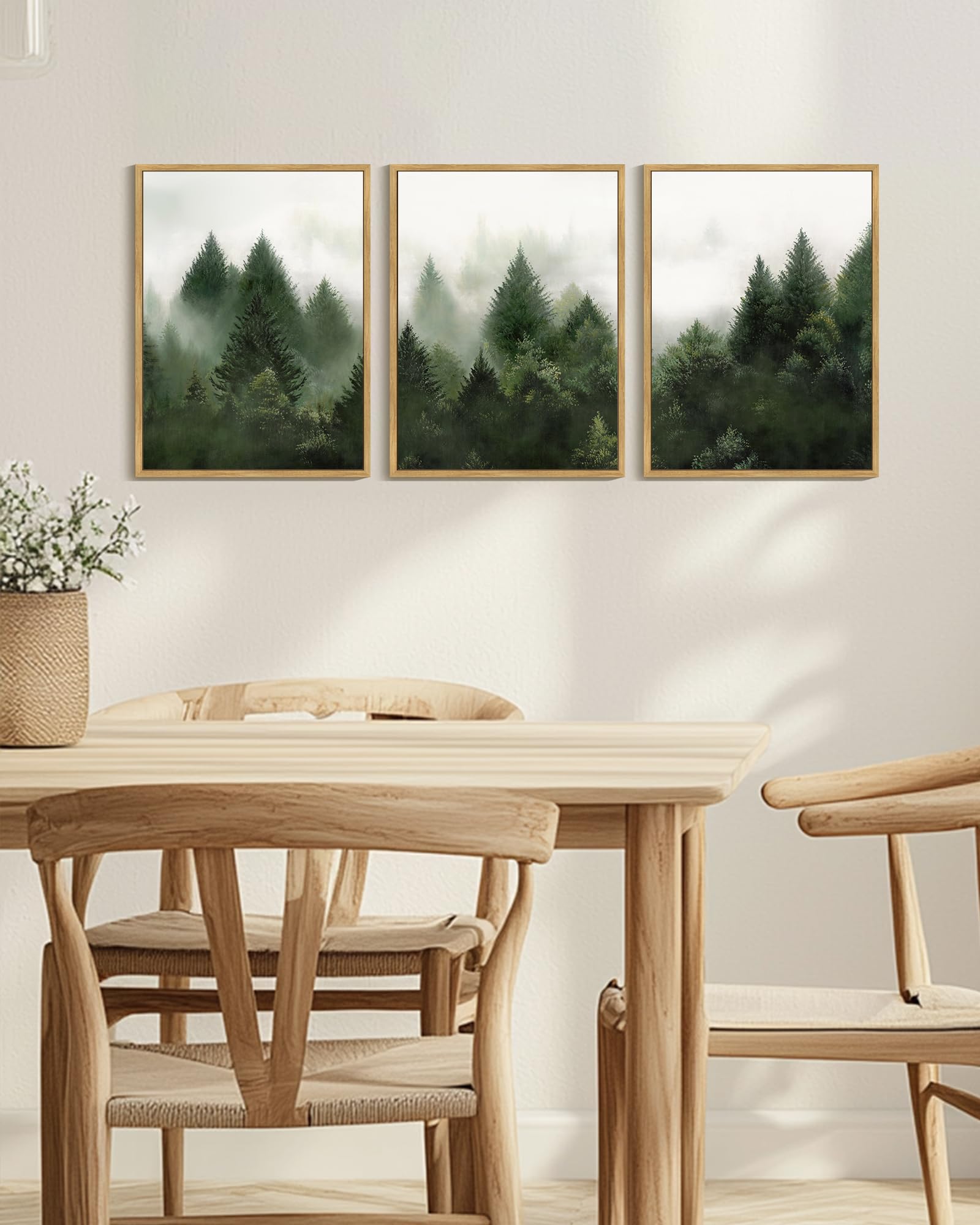 KUVIOKE Morden Green Fog Pine Tree Framed Canvas Wall Art Nature Nordic Forests Artwork Painting Bedroom Decor 12x16in (Natural Framed) KUVIOKE uk supplements