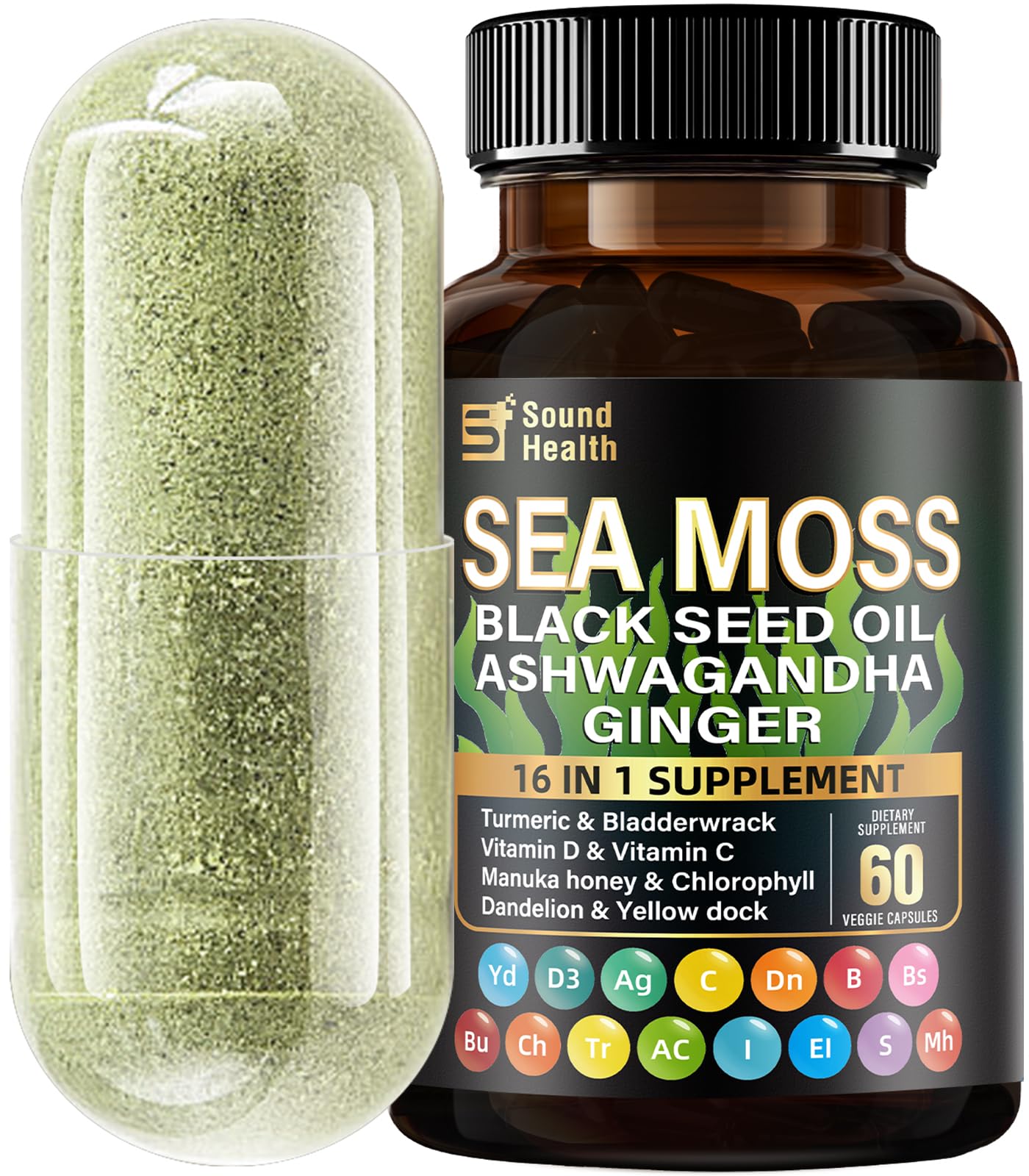 Sea Moss Capsules with Ashwagandha, Turmeric, Bladderwrack, Vitamins C & D for Natural Energy, Sleep Support & Hair Growth, 1200mg Herbal Blend, for Man & Women, Third-Party Tested，16-in-1 Supplement SoundHealth uk supplements