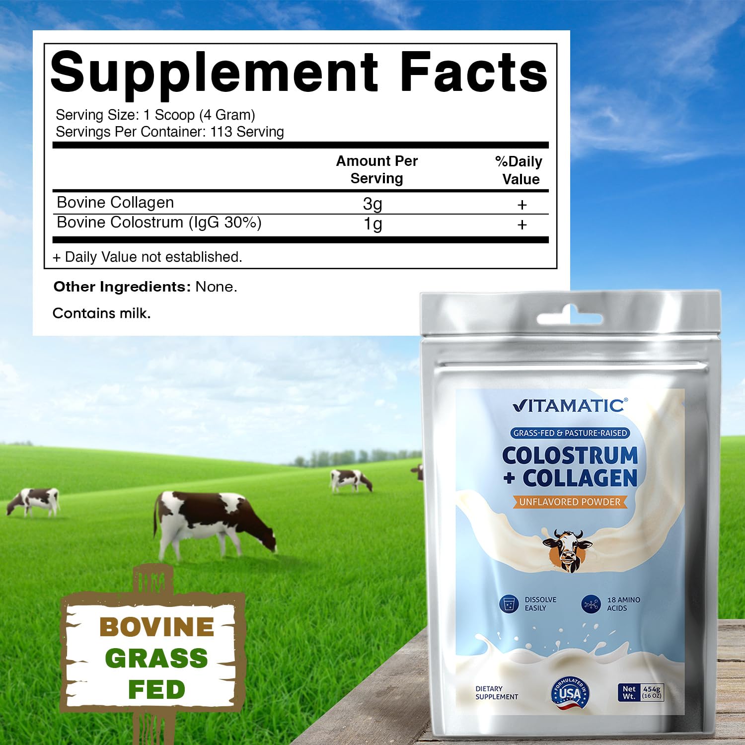 Vitamatic Bovine Colostrum + Collagen Powder - Supplement for Gut Health, Hair Growth, Beauty, Muscle Recovery, & Immune Support - Easy to Mix - Unflavored - 454 Gram, (16 oz) Vitamatic uk supplements