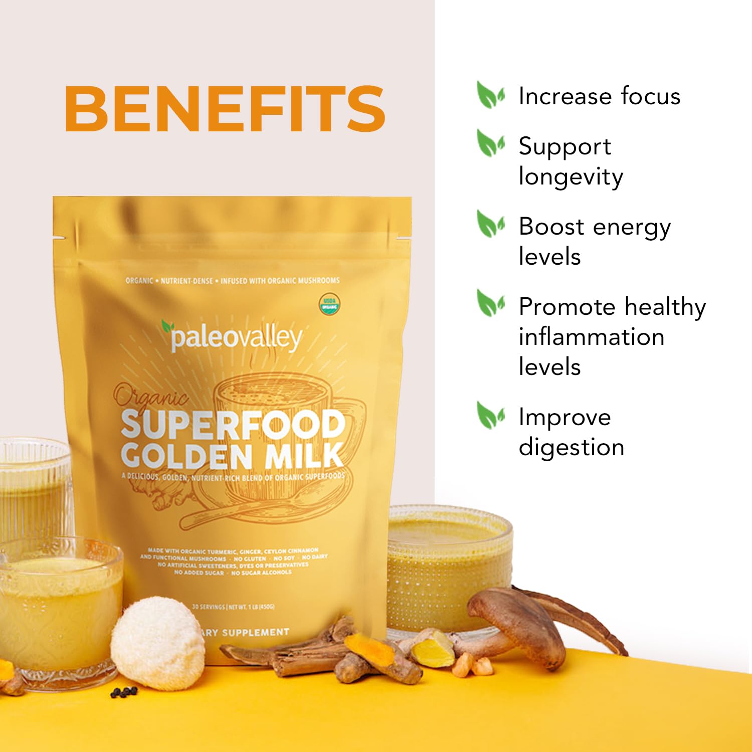 Paleovalley Organic Superfood Golden Milk - Immune, Focus, Cognitive, Longevity - Turmeric, MCT-Rich Coconut Milk, Functional Mushrooms, 30 Servings Paleovalley uk supplements