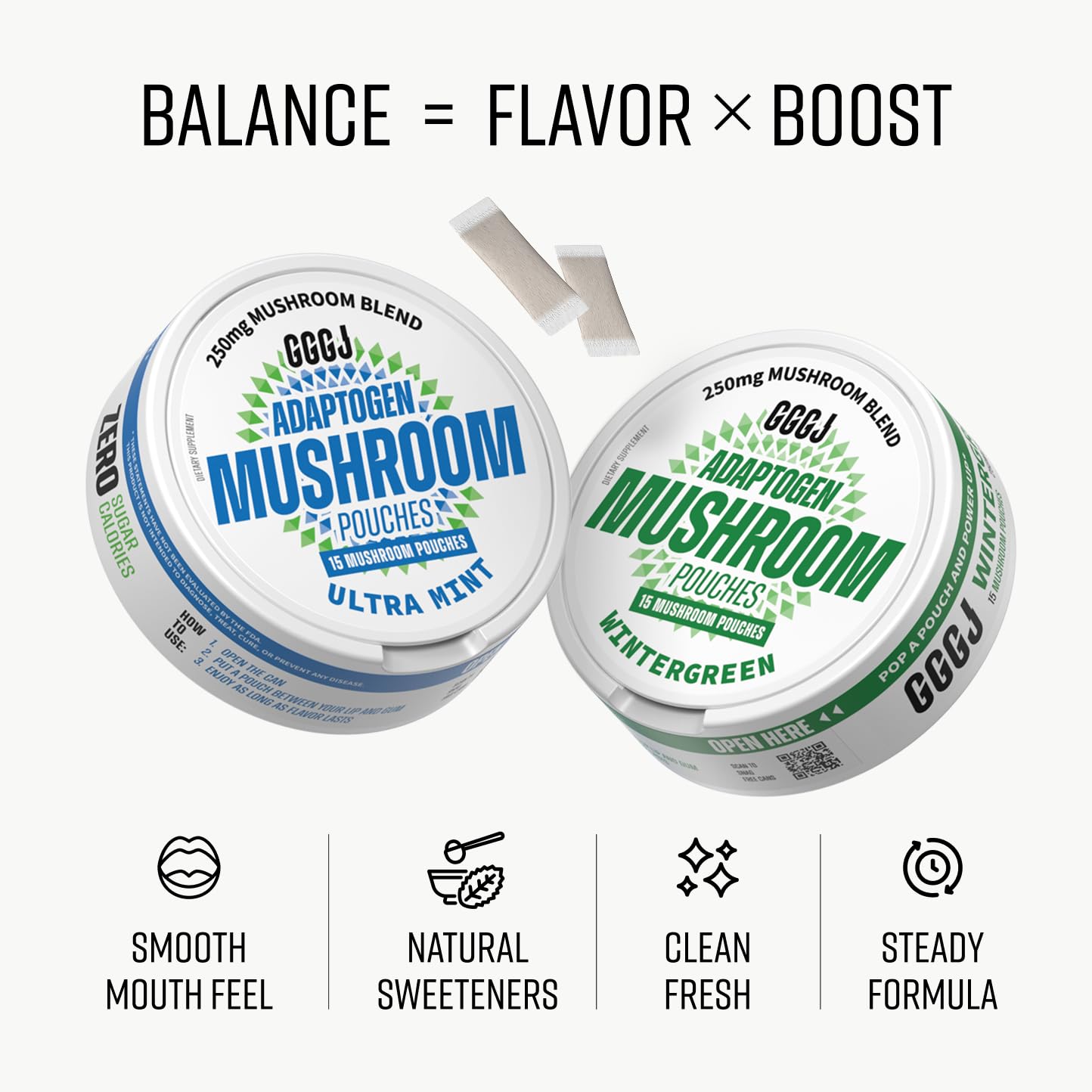 Adaptogen Mushroom Nootropic Pouches (4 Pack Bundle) - 250mg Mushroom Blend + 165mg Energy Blend, Nicotine Free & Caffeine Free, Ultra Pouch with Lion's Mane, Cordyceps, Reishi, Alpha-GPC, L-Theanine GGGJ uk supplements