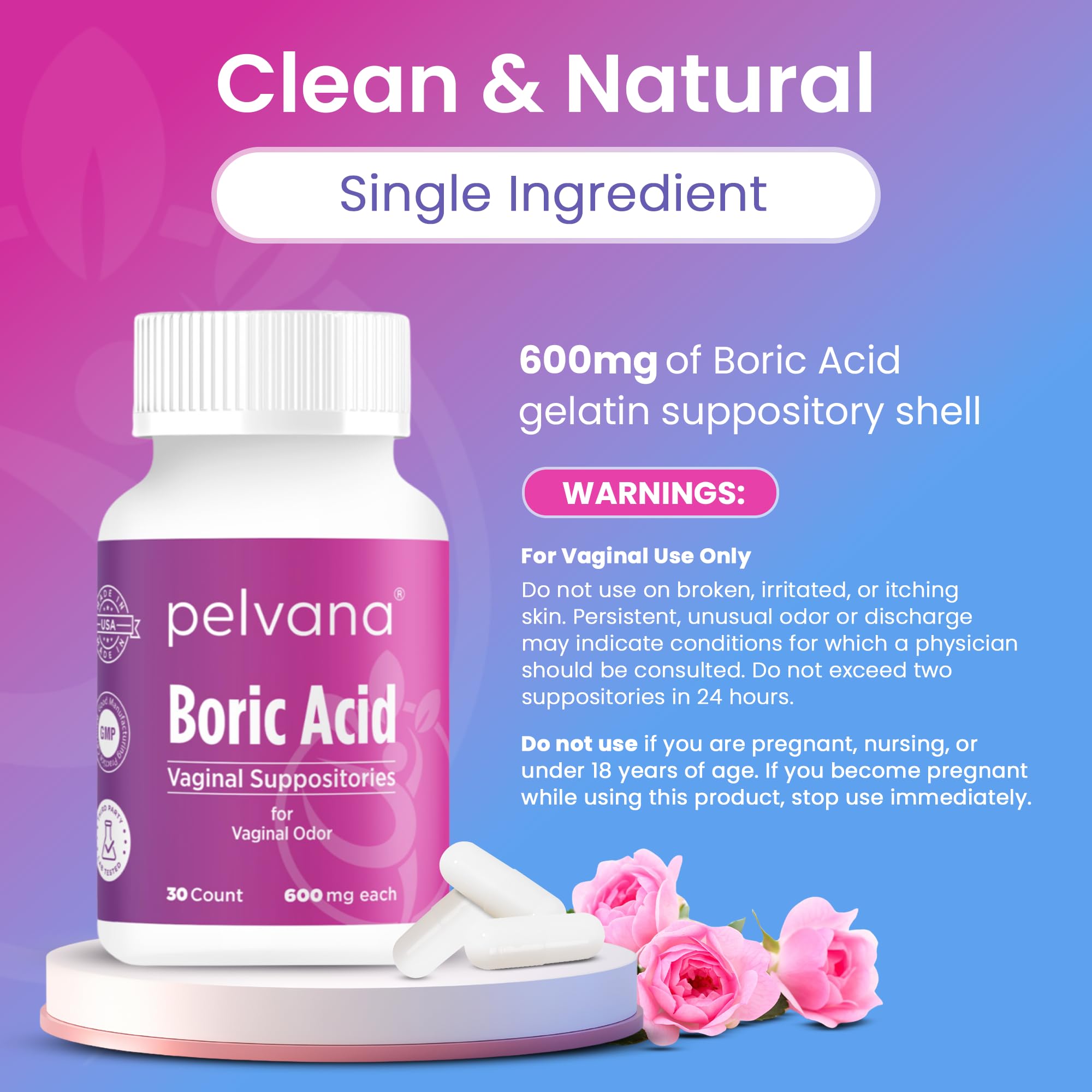 Pelvana Boric Acid Suppositories for Women - 30 Count - 600mg Boric Acid Capsules for Vaginal Odor Use Pelvana uk supplements
