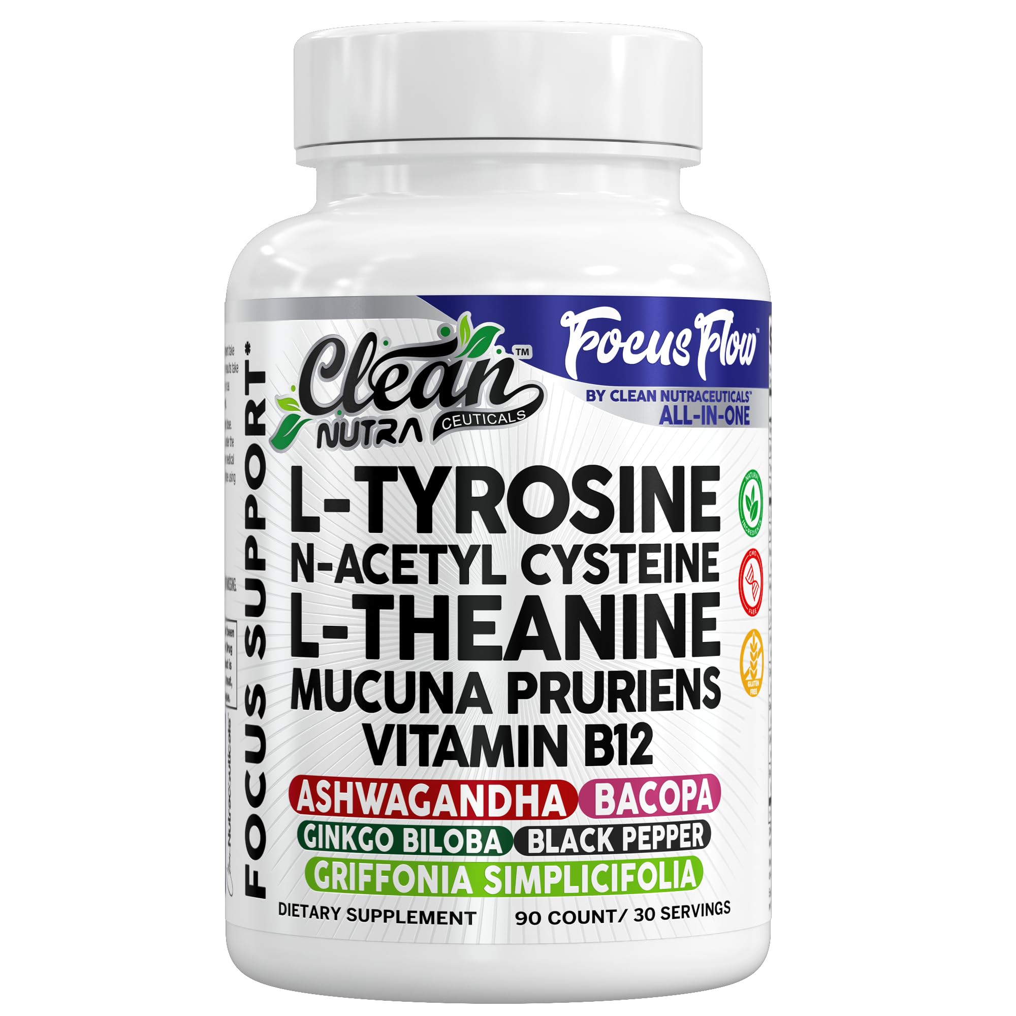 Focus Flow L-Tyrosine Vitamin B C D L-Theanine Ashwagandha Ginkgo Biloba Vitamin B12 Thiamine Black Pepper N-Acetylcysteine Mucuna Pruriens 90 Count Capsules by Clean Nutra Clean Nutraceuticals uk supplements