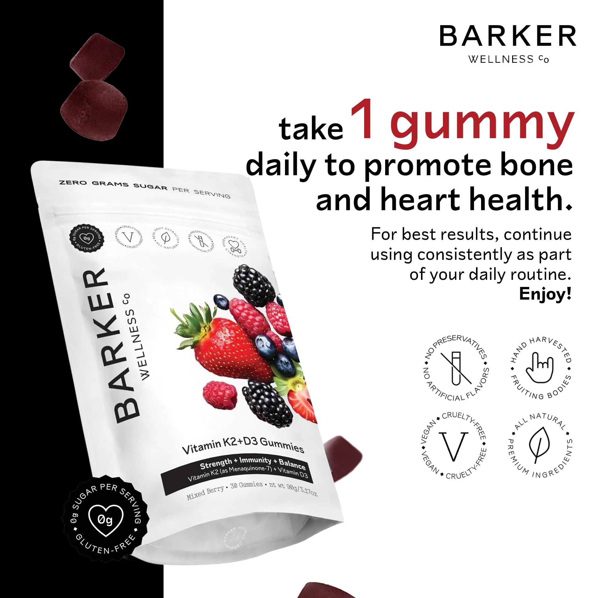 Barker Wellness D3 K2 Vitamin Gummies – Max Potency 6000IU D3 + 200mcg K2 for Strong Bones, Cardiovascular Wellness, Immune Support | Vegan, Sugar-Free, Delicious Mixed Berry | 30 Servings Barker Wellness Co uk supplements