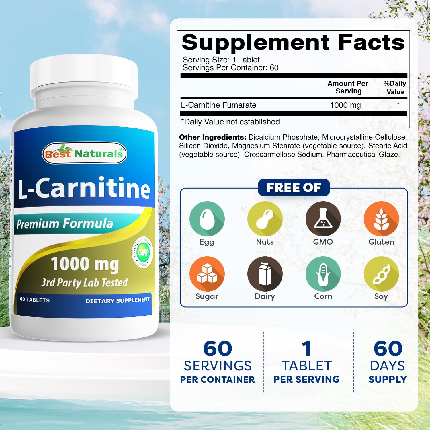 Best Naturals L-Carnitine 1000mg 60 Tablets (60 Count (Pack of 1)) Best Naturals uk supplements