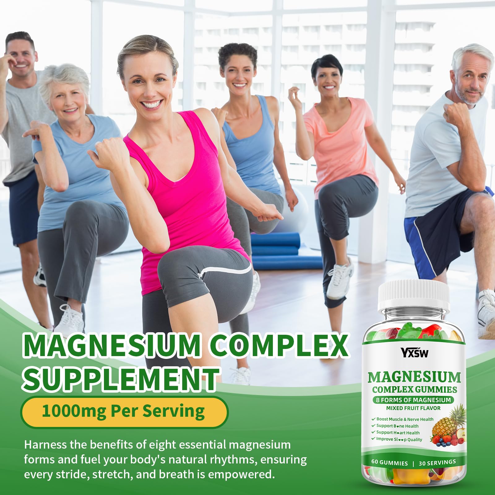 Magnesium Complex Gummies 8 Elemental 1000mg - Magnesium Glycinate, Citrate, Malate, Taurate, Supports Bones, Muscle, Nerve Health, for Women & Men, Vegan Non-GMO, Mixed Flavors, 60 Count YXSW uk supplements