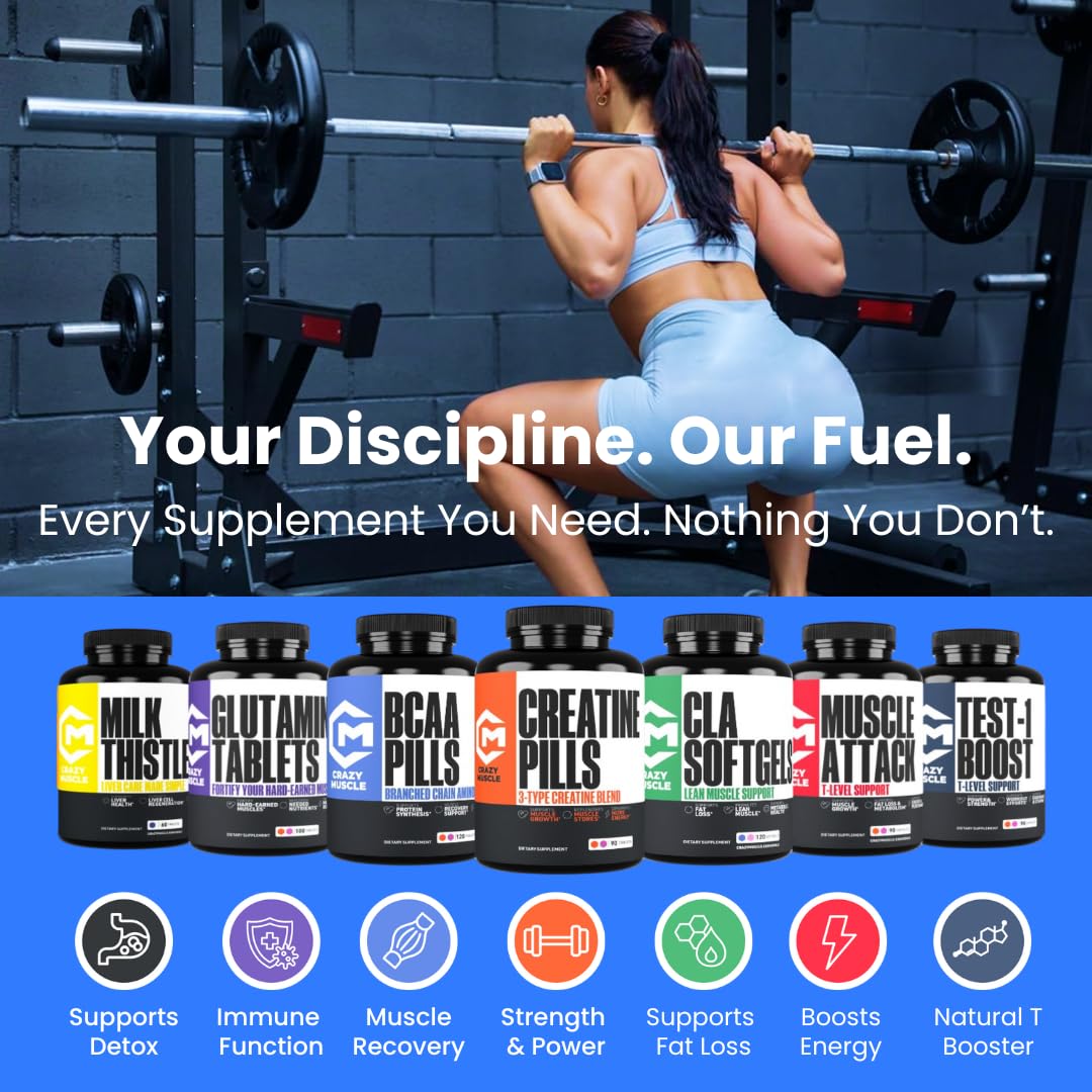 Creatine Capsules, 5g Premium 3X ThreeAtine Pre Workout Bulk Muscle Mass Gainer, High Absorption Easy to Take Creatine Monohydrate Pills Alternative Optimum Performance for Men Women, 180 Capsules Crazy Muscle uk supplements