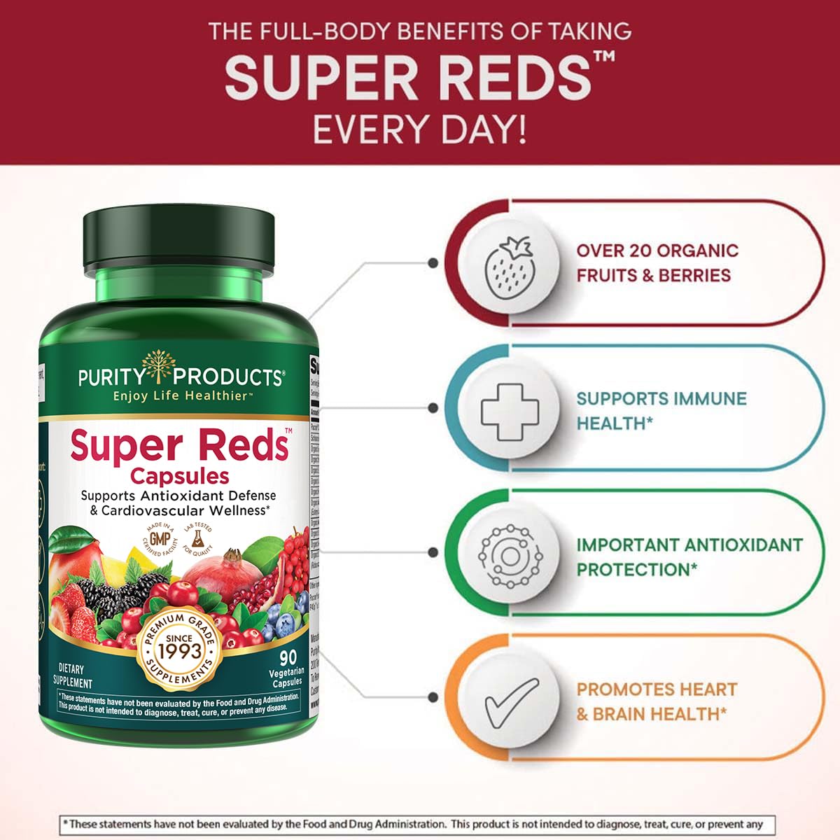 Purity Products Super Reds Capsules Formula (20+ Organic Super Fruits and Berries) Certified Organic Phytonutrients - 90 Capsules Purity Products uk supplements