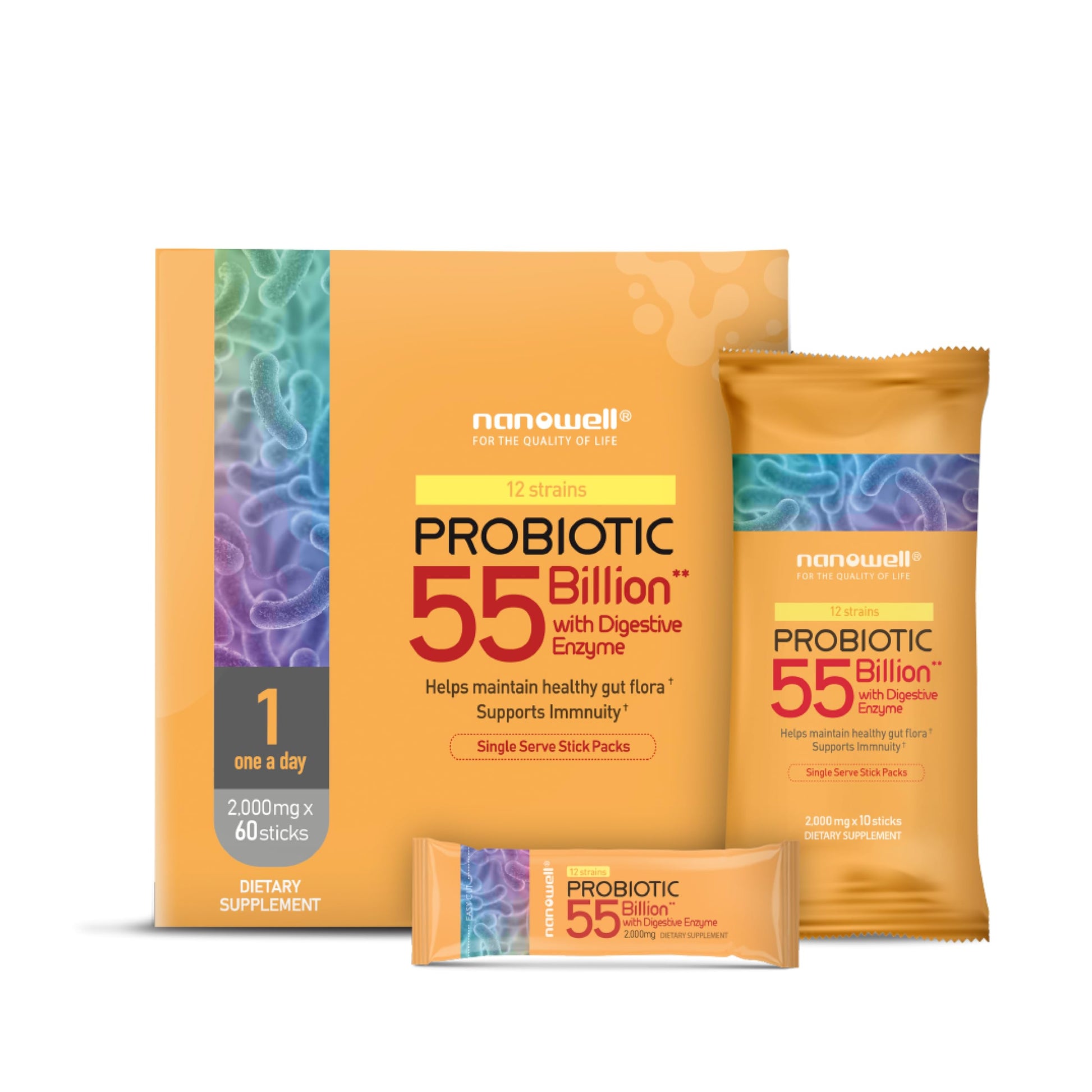 NANOWELL 12 Strains Probiotic 55 Billion CFU with Digestive Enzymes Powder - Immune Support, Gut Health, Probiotics, Prebiotics & Postbiotics - 60 Sticks, 60 Day Supply NANOWELL uk supplements
