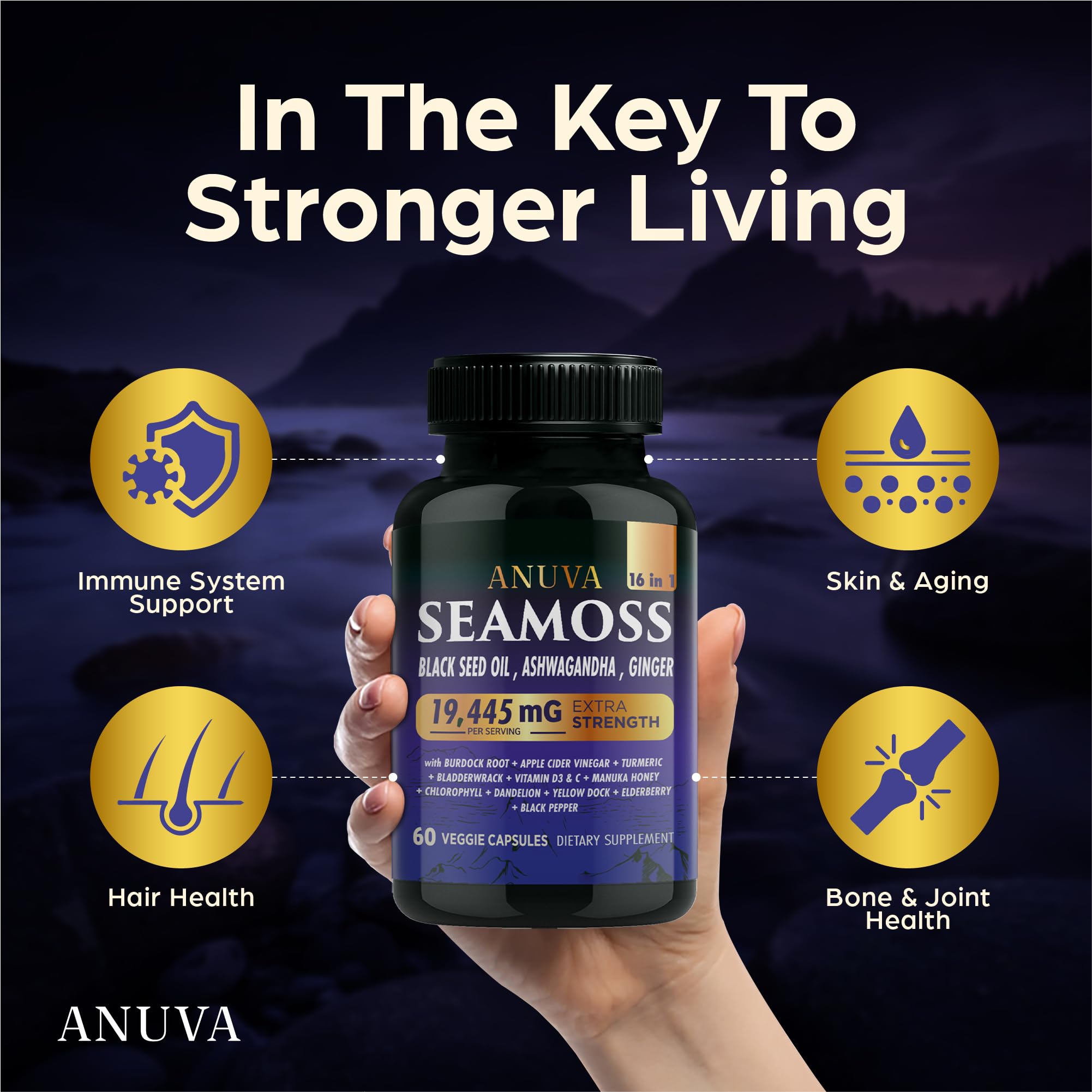 Anuva 16-in-1 Sea Moss Capsules | Black Seed Oil, Ashwagandha, with Vitamin C, D3, Turmeric, Burdock, Bladderwrack & Multi-Minerals | Immune, Skin, Joint & Energy Support | 60 Veggie Capsules Anuva uk supplements