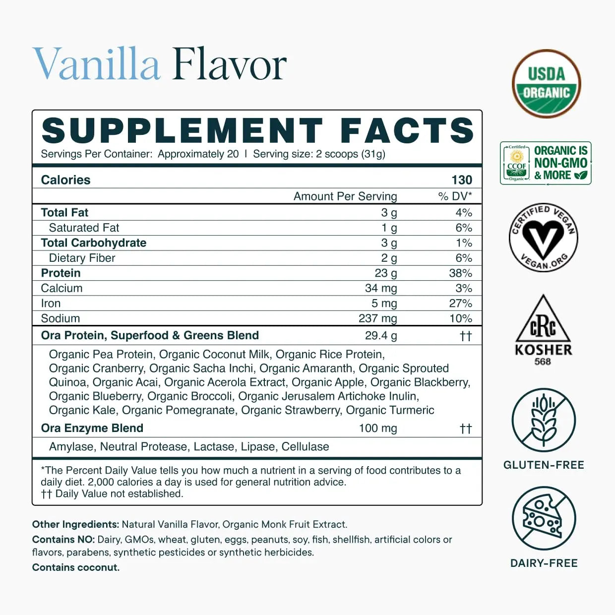 Ora Organic Plant-Based Protein Powder - 23g Protein for Women and Men - Vanilla Flavor 20 Servings, Vegan, Clean Protein Ora Organic uk supplements