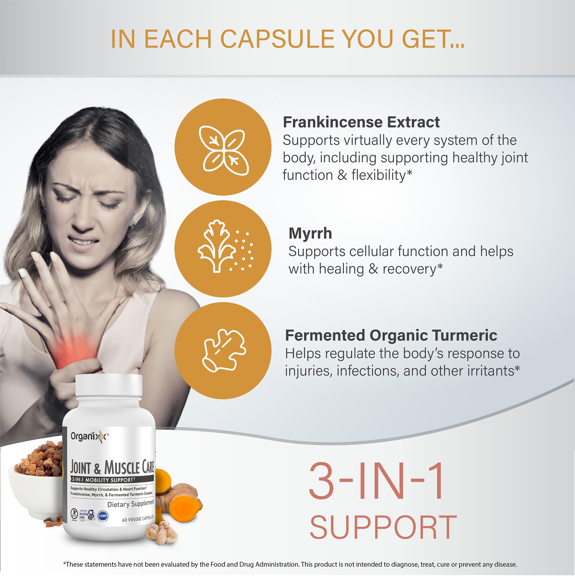 Organixx Joint & Muscle Care Organic Turmeric Supplement, 3-in-1 Frankincense, Turmeric and Myrrh Joint Health & Joint Support Supplement Body Care Capsules, Supports Swelling, Tension, 60 Capsules Organixx uk supplements