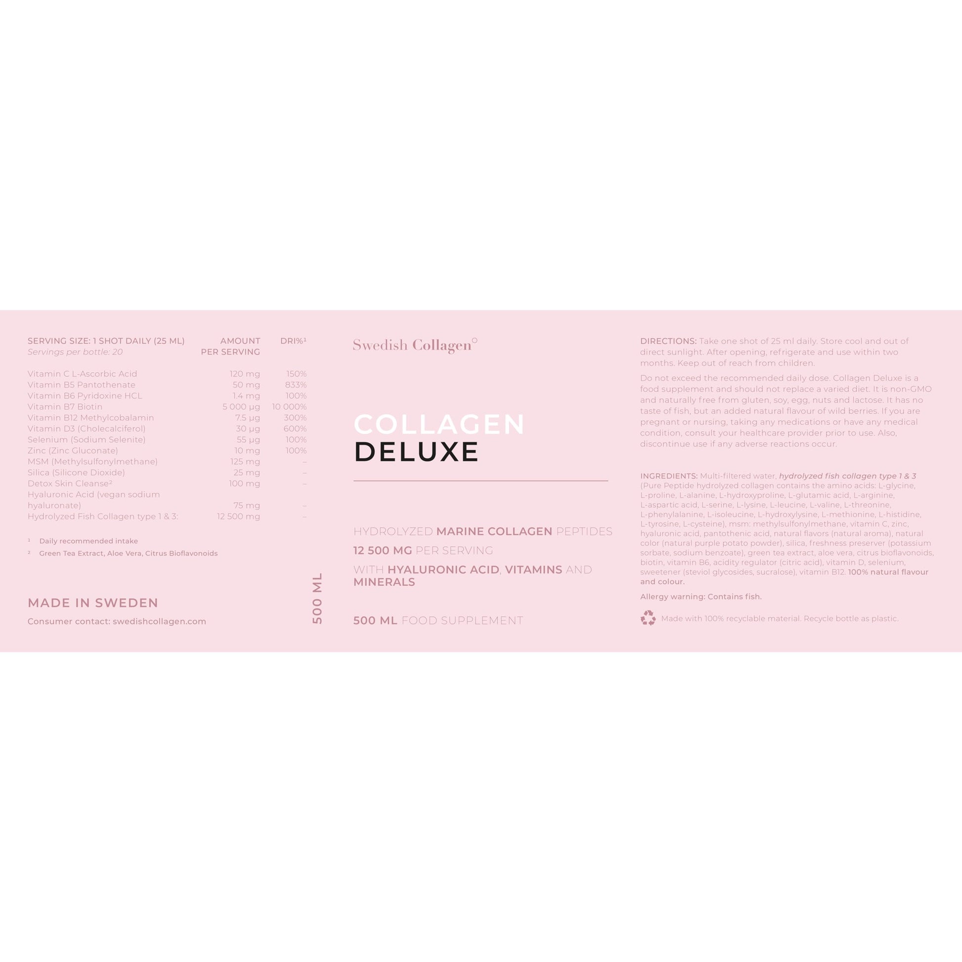 Swedish Collagen - 12500mg Collagen Deluxe 500ml I Hydrolyzed Marine Collagen Peptides (Type I & III) Swedish Collagen uk supplements